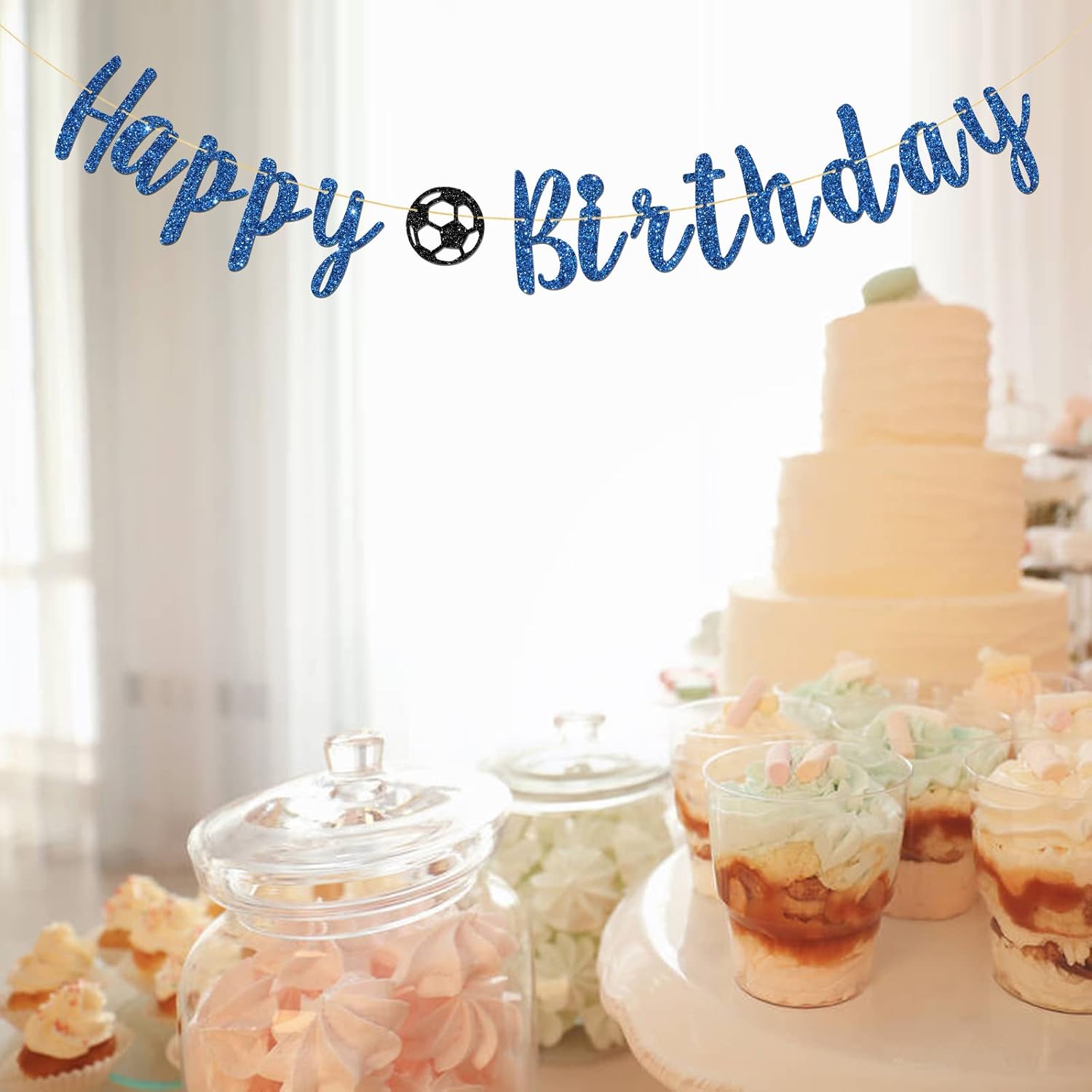 Soccer Happy Birthday Banner, Soccer Birthday Banner, Sport Football Theme Bithday Party Decorations Supplies (Blue Glitter) - Image 4