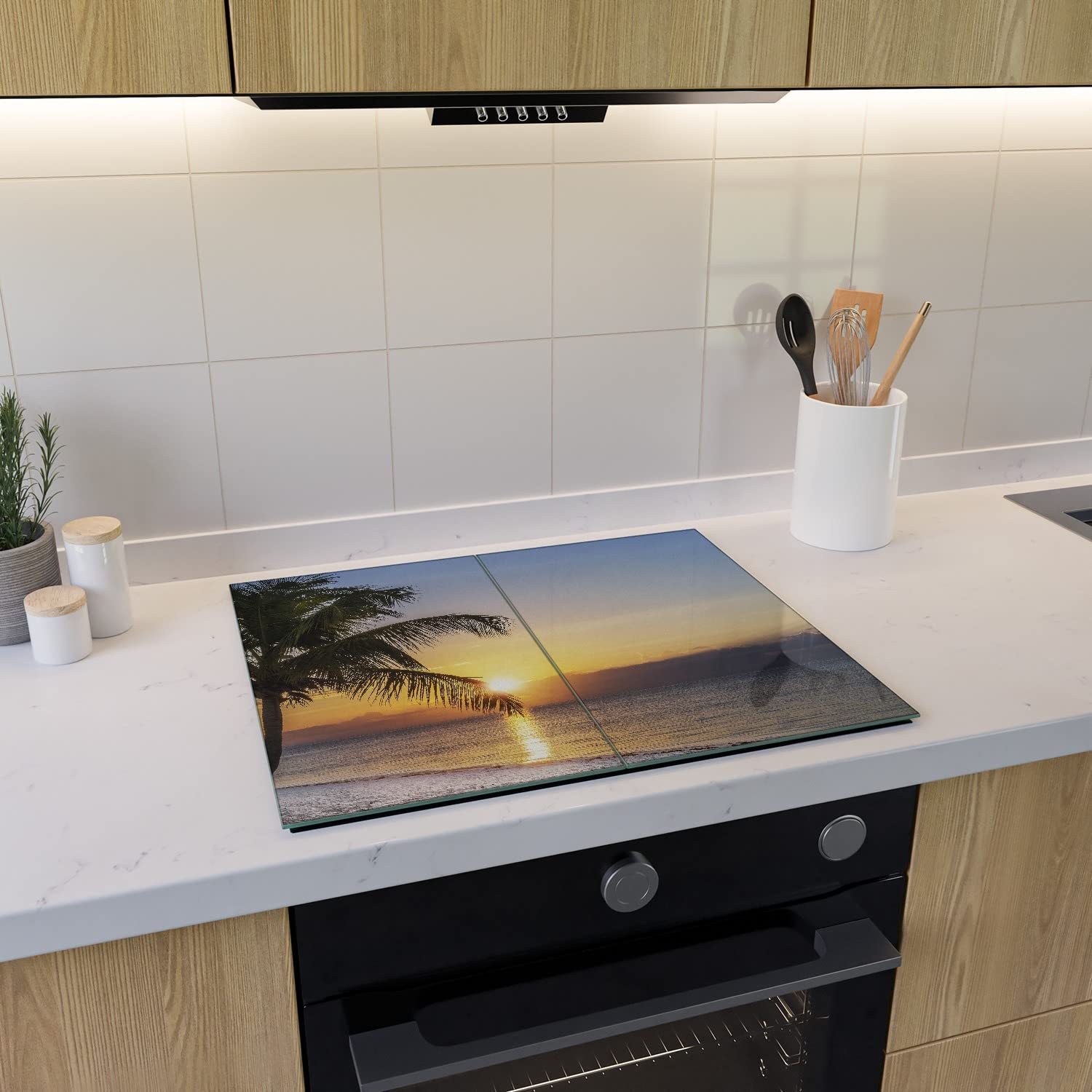 Wallario Herdabdeckplatte/Spritzschutz aus Glas, 2-teilig, 60x52cm, für Ceran- und Induktionsherde, Palme am Strand - Sonnenuntergang über dem Meer