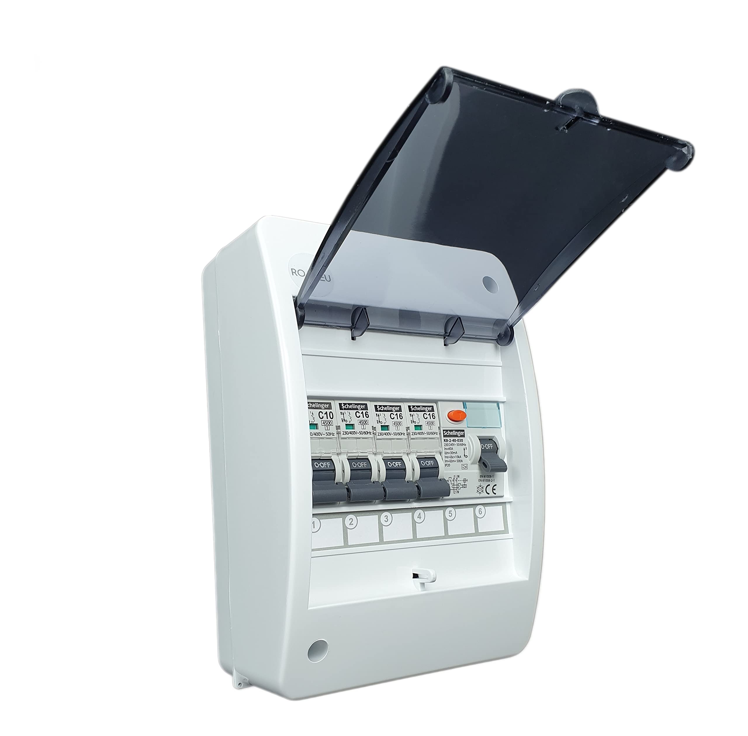 RoadEu - Coffret de chantier Tableau Electrique, Boîte à fusibles à montage en saillie avec disjoncteur différentiel 40A 30mA 2P et 3 x C 16A C 10A 230V