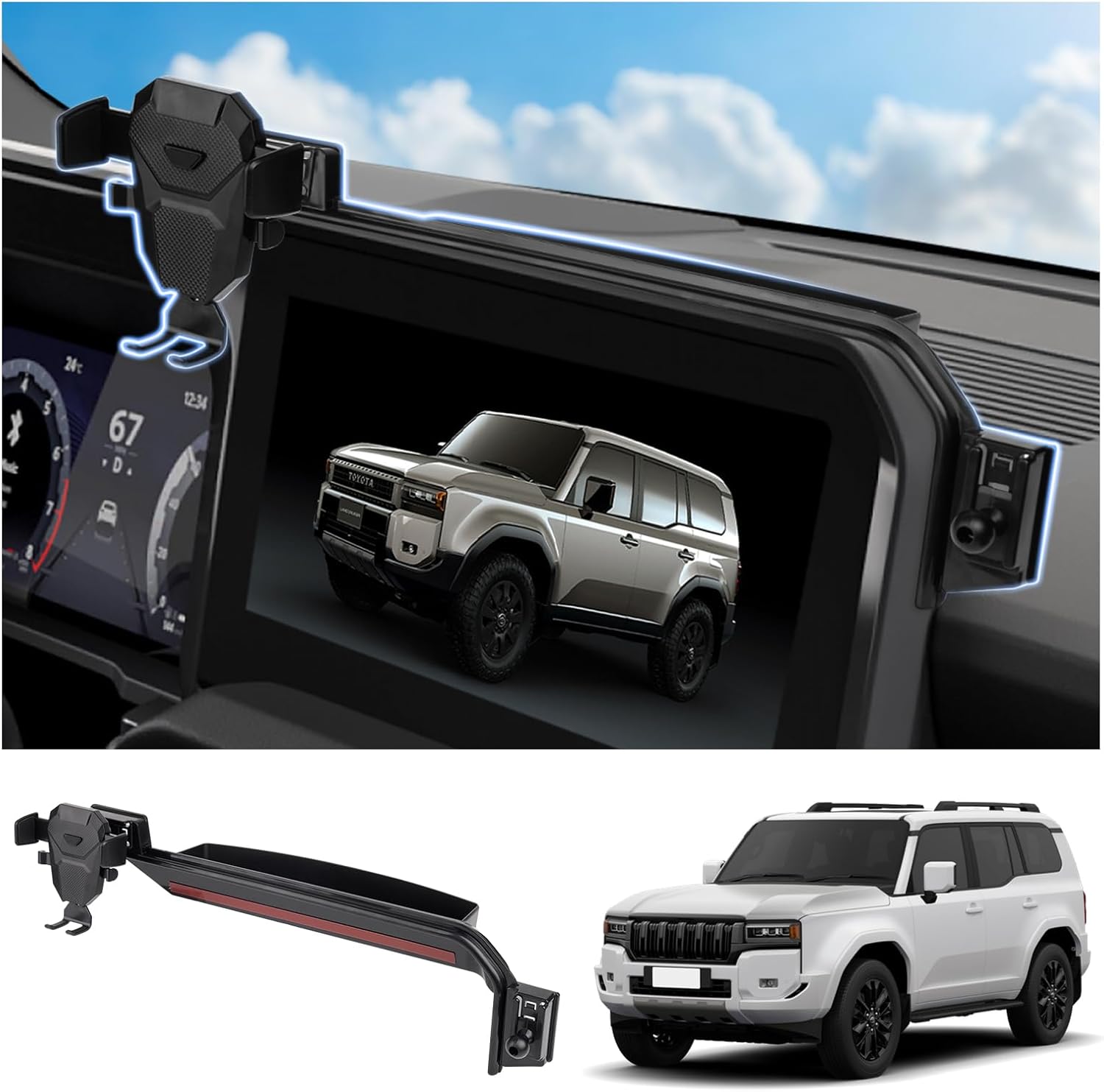 FIILINES Phone Holder for Toyota Land Cruiser 2024-2025 (Fit 12.3" Touch Screen), Phone Mount with Dash Organizer for Land Cruiser Accessories, 360 Degree Rotation Dash Mount Cell-Phone Holder