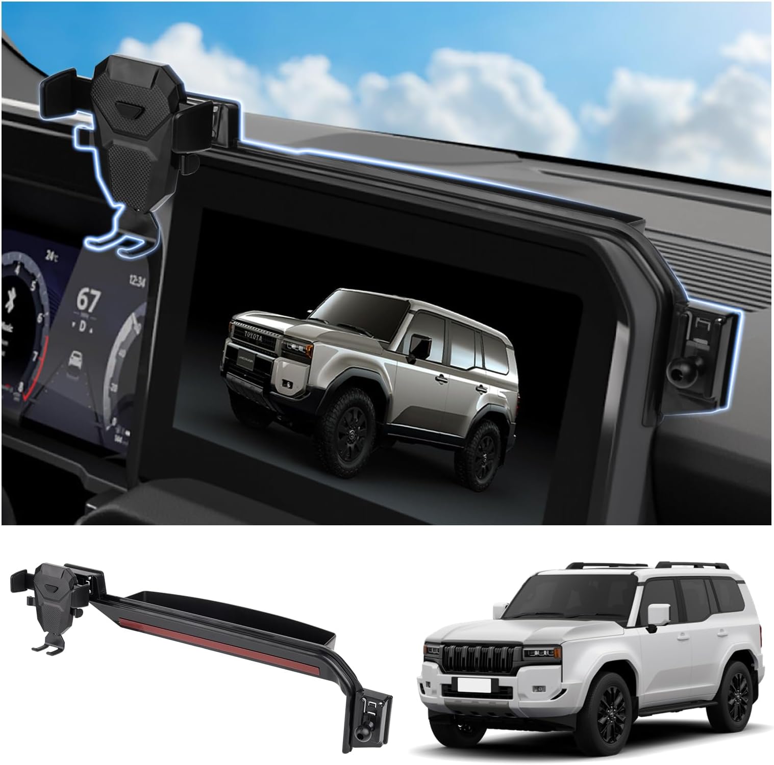 FIILINES Dashboard Storage Tray & Phone Holder Compatible with Cruiser Prado LC250 2024 2025 (Fit 12.3" Touch Screen) Dash Center Console Organizer Cell Phone Mount Interior Accessories