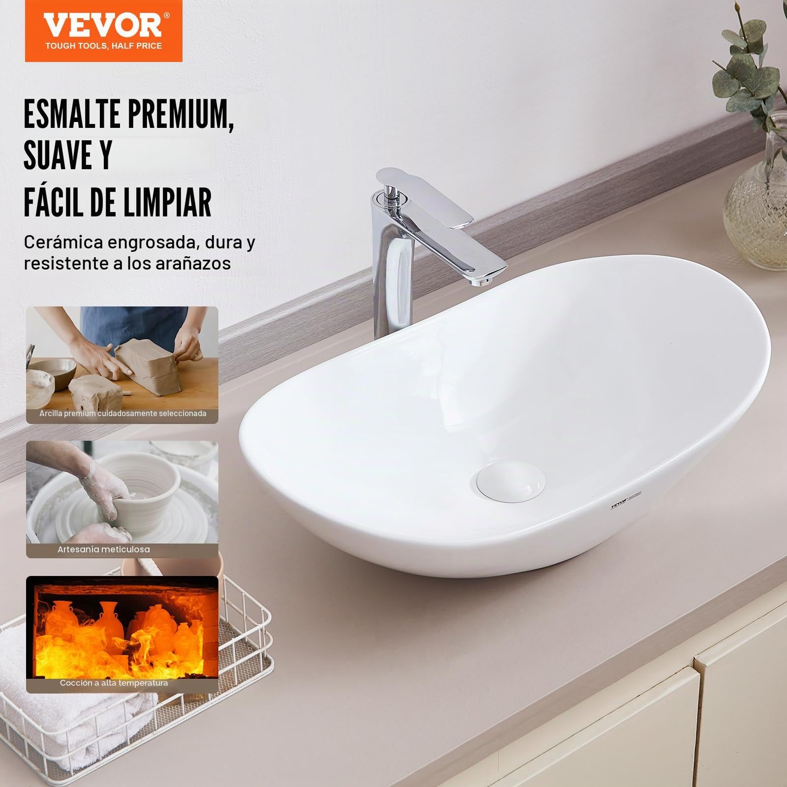 VEVOR Lavabo Ovalado de Cerámica Blanca para Baño, 592 x 361 x 158 mm, Sobre Encimera, Estilo Moderno, Bien Empaquetado para Hotel, Inodoro, RV, con Fregadero de Vasija