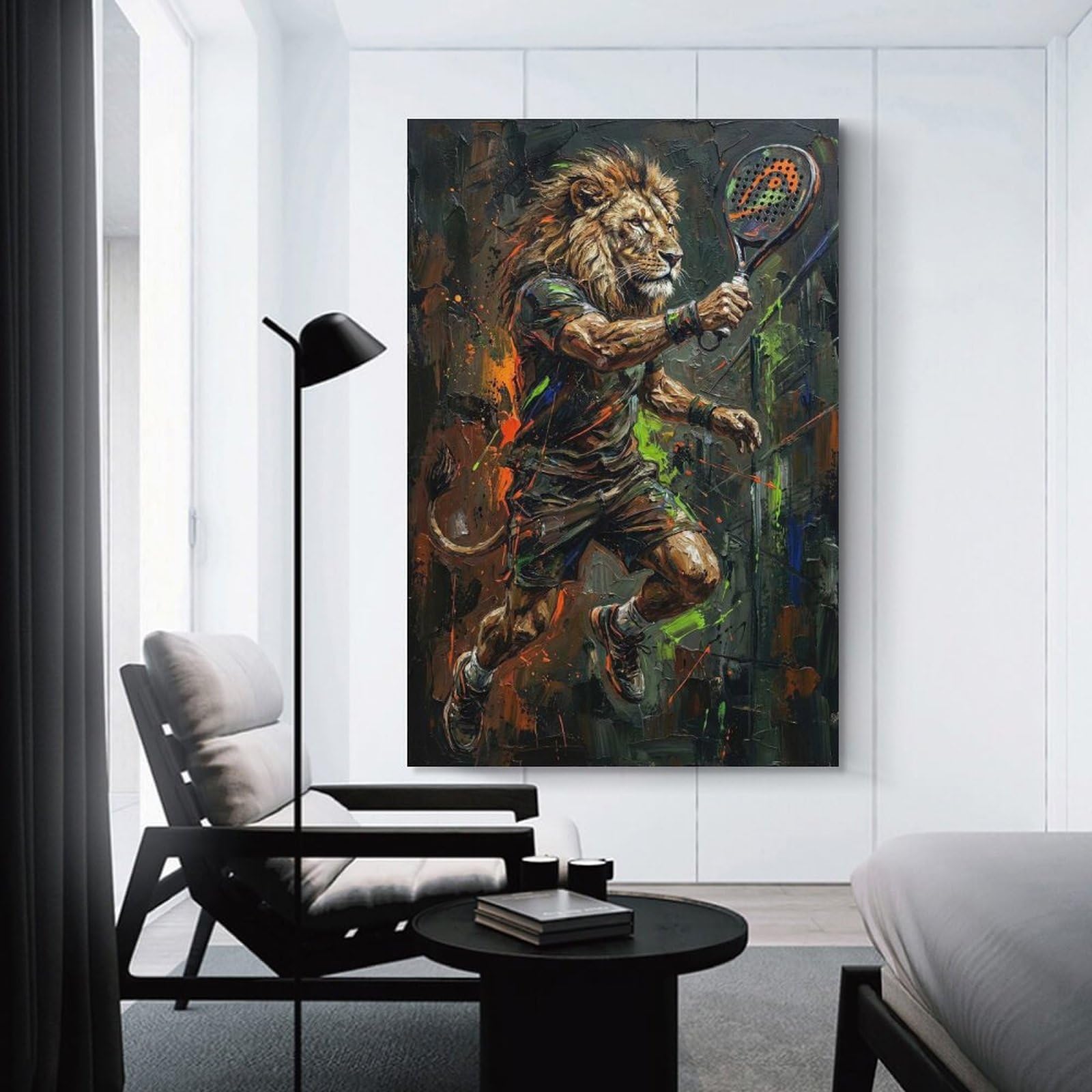 Junmoney Unframe-Style-5 Lion Playing Padel Tennis Painting Canvas Wall Art 20X30inch(50X75cm), For Workspace Walls, Study Corners Or Bedrooms, Wall Art That Adds Style To Work Areas