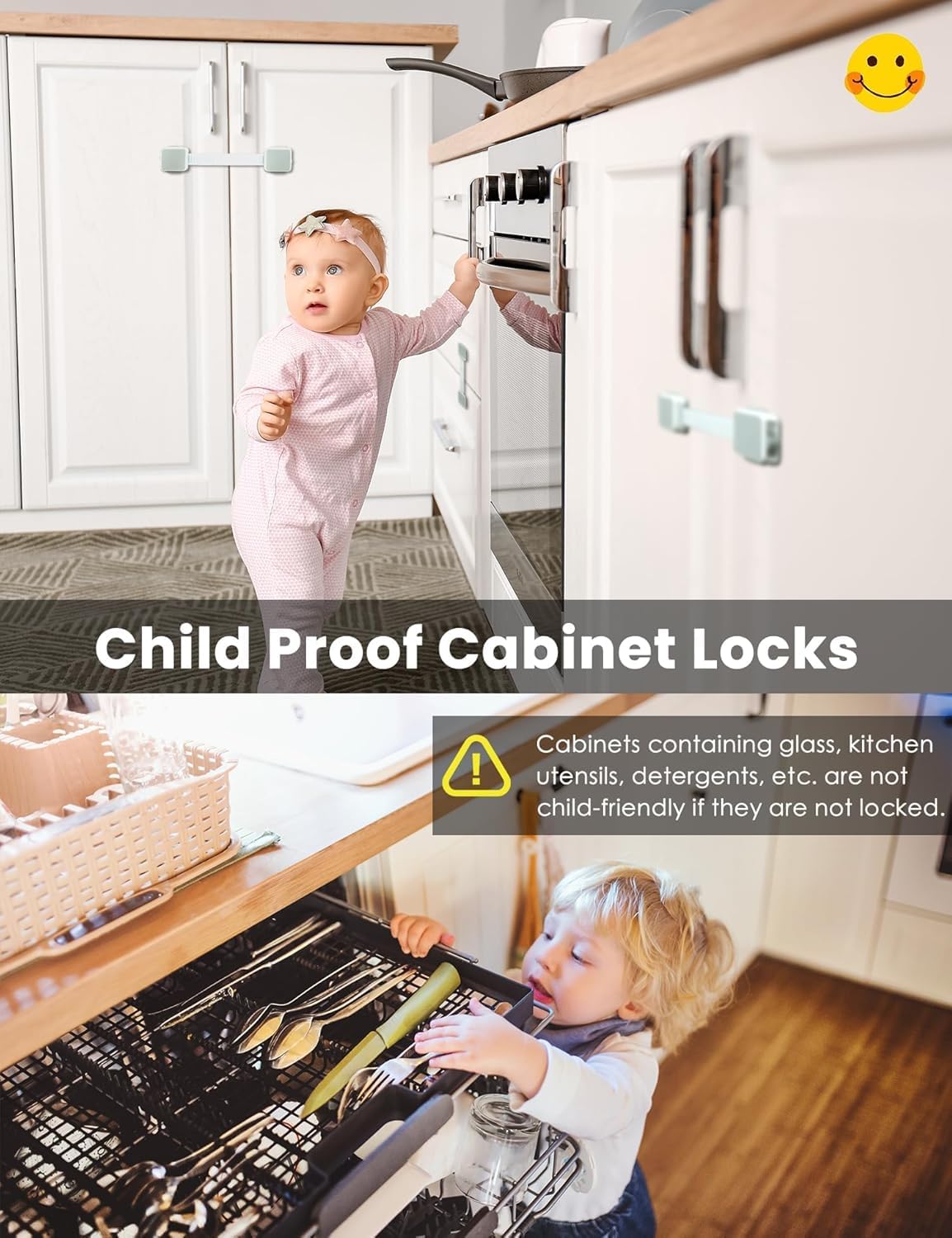 Paquete de 6 cerraduras de seguridad a prueba de bebés seguras para niños, para puertas de armarios, cajones, frigoríficos, horno, lavavajillas, asiento de inodoro y tapa, cierres y correas ajustables — view 7