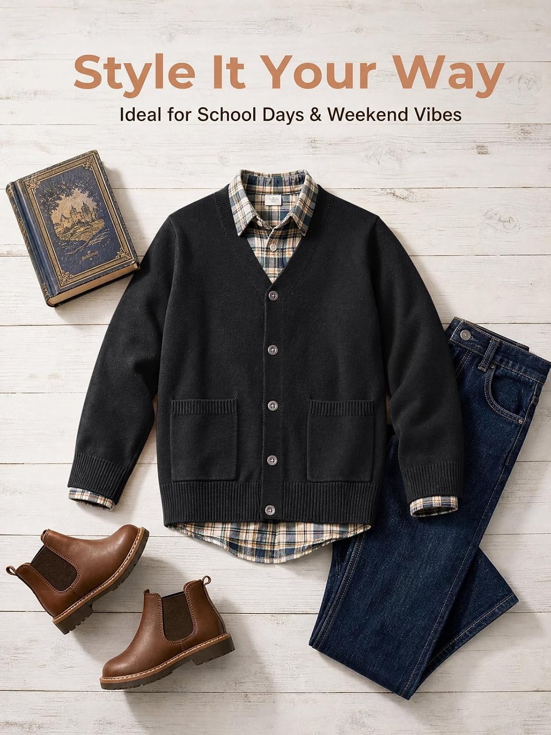 Haloumoning Boys Cardigan Sweater V Neck Button Down Uniform Sweater 5-14Y