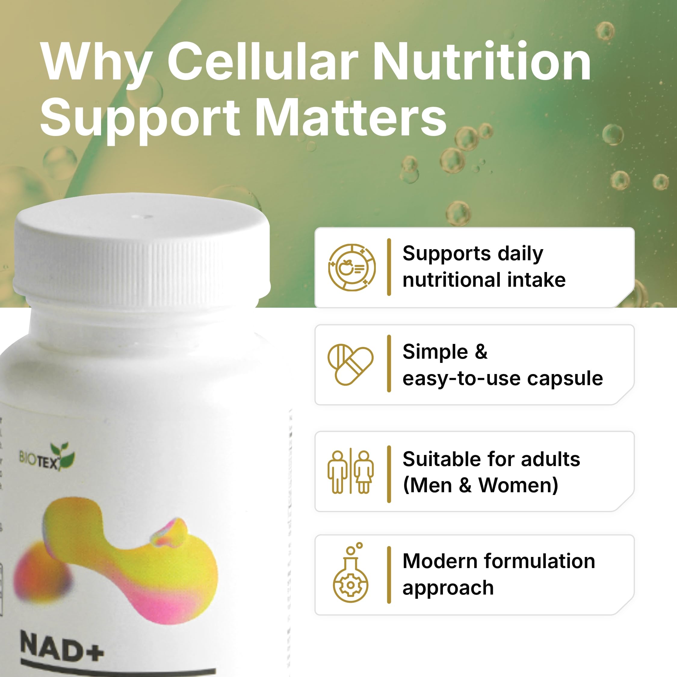 Biotex NAD+ Capsules with CoQ10 (Ubiquinol), Ashwagandha & Arjuna | Nutraceutical Supplement for Daily Wellness & Energy Support | For Men & Women | 30 Veg Capsules — Amazon image 4