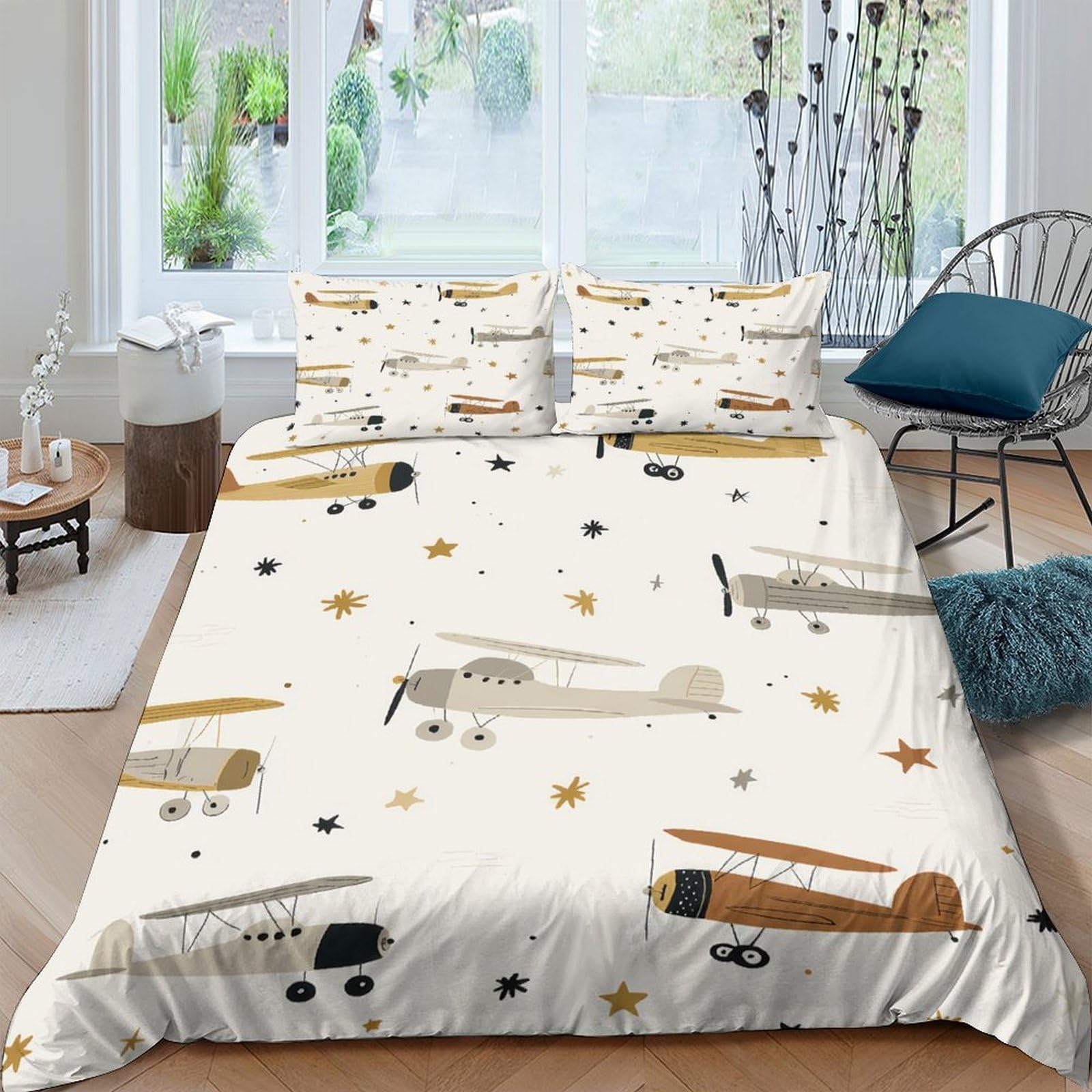Ctjqhvkz Style-1 3D Printed Vintage Airplane Fitted Sheet Microfiber Soft Anti-Slip Cartoon Aircraft Mattress Cover Bedroom Decor Single（135X200cm）