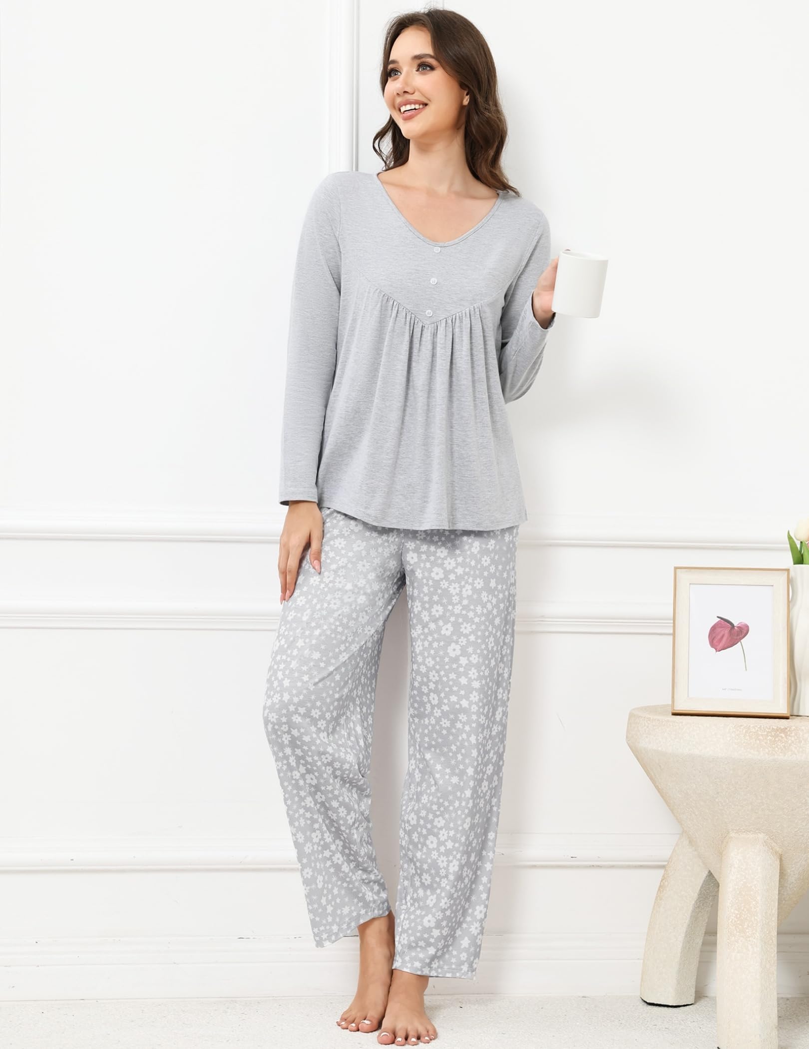 Reliwel Pigiama Donna Invernale Pigiama da Donna Cotone Leggero Pigiama Lungo Due Pezzi Set Pigiama Quadri da Donna Scollo a Rotondo Manica Lunga e Pantalone Comodo e Traspirante con Tasca S-XXL