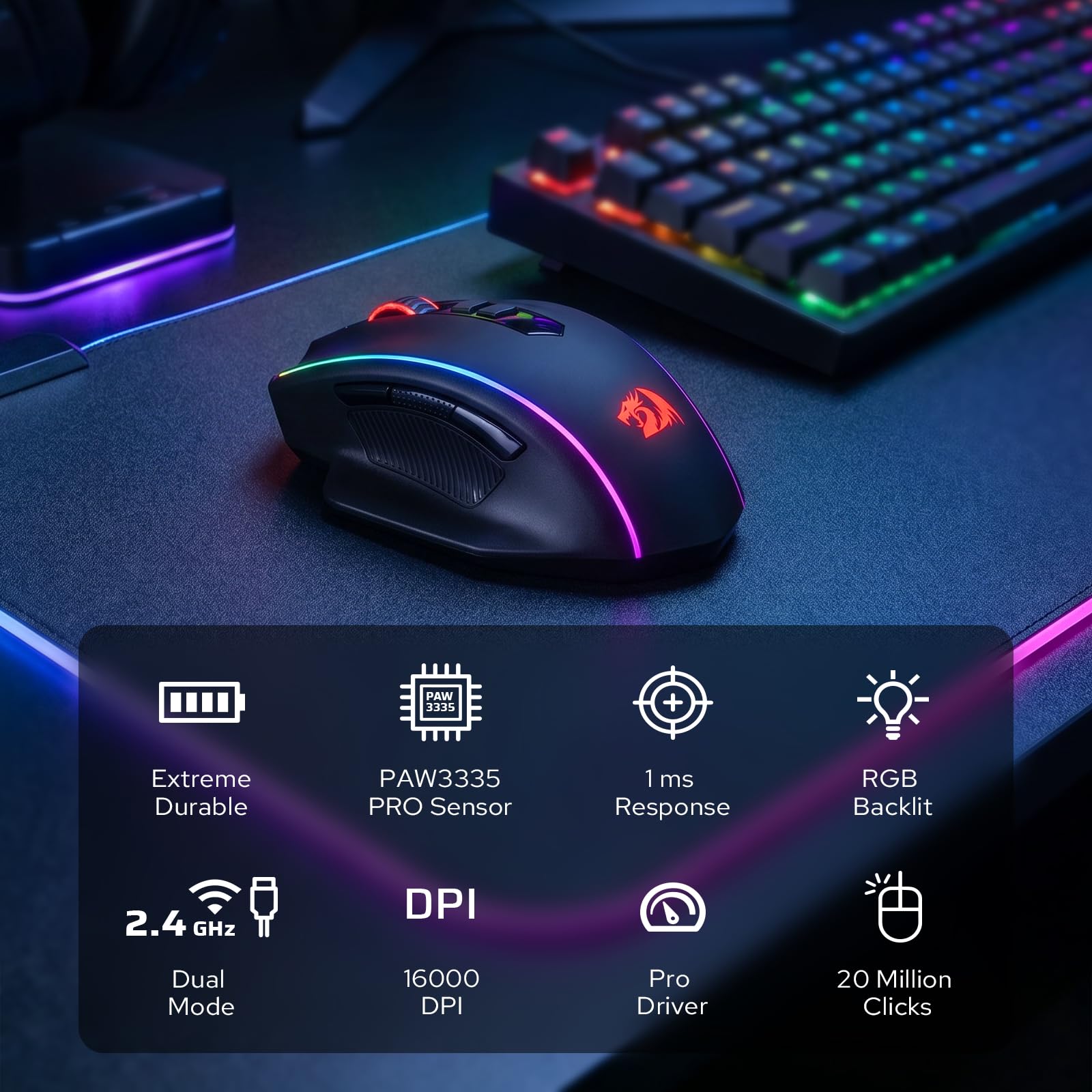 Redragon M686 Mouse Gioco Wireless 16000 DPI Sensore 45 Ore RGB | mouse gioco wireless cablato 16000 DPI sensore professionale autonomia 45 ore macro personalizzabile retroilluminazione RGB