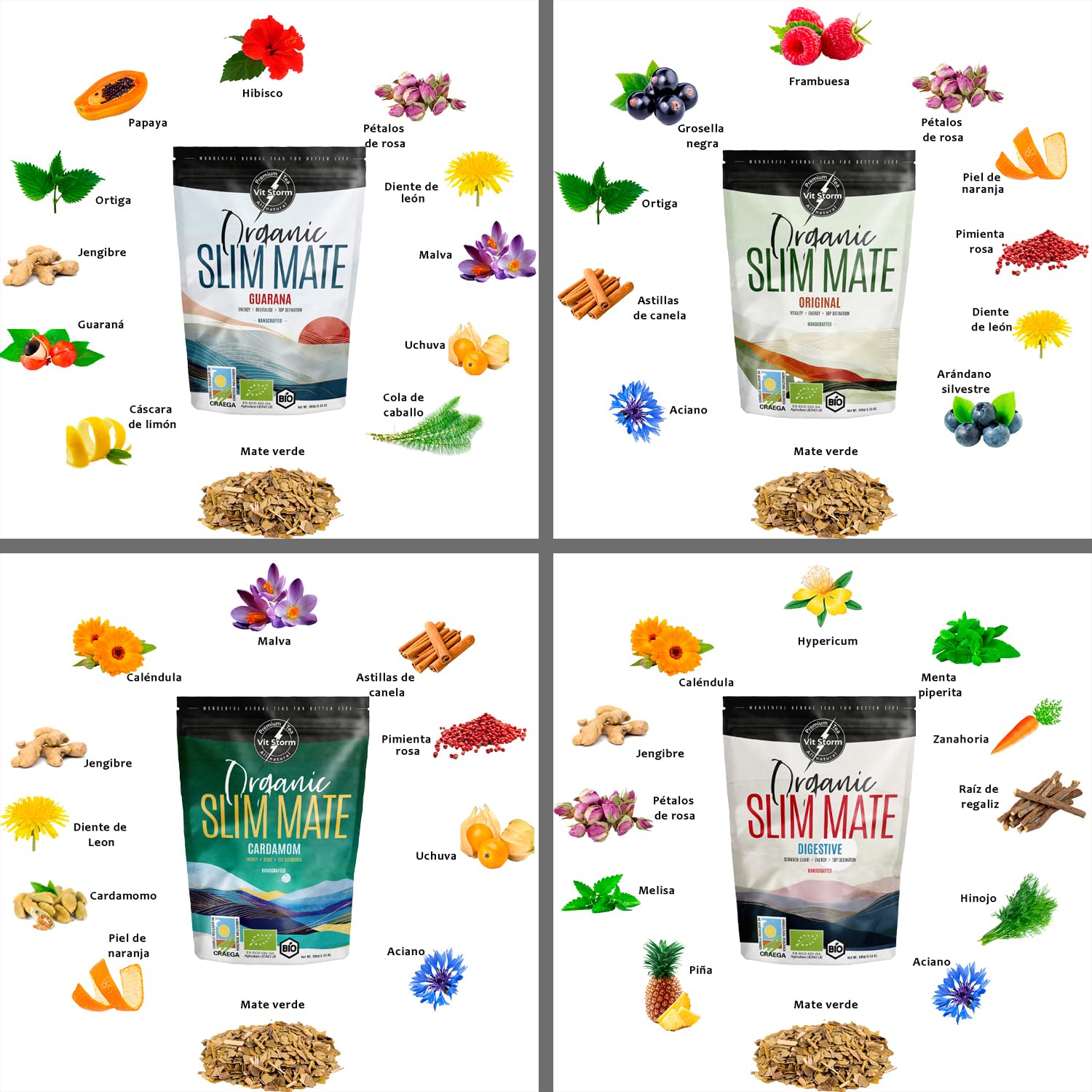 Yerba Mate BIO Slim con Frutas y Hierbas Depurativas – Surtido de Tés e Infusiones a Granel 4×100 g | Pack de Tés Premium 100% Ecológico | Infusiones Regalo | Energizante, Digestivo, Drenante y Detox