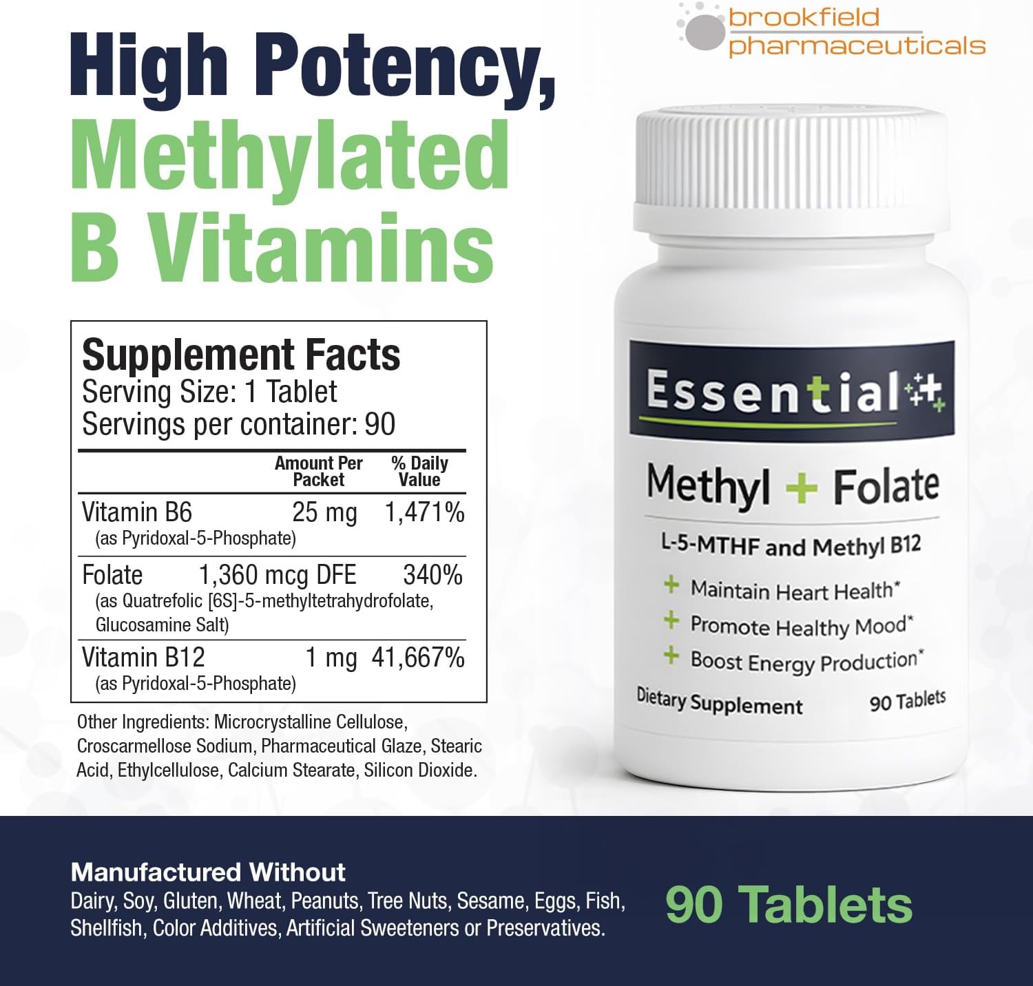 Pure L-Methylfolate Tablets with 5-MTHF, 90 Tablets Methyl Folate B12 and Vitamin B6 for Heart Health, Maternal Health, Healthy Mood & Energy with 1,360 mcg L Methylfolate Supplement for Men and Women