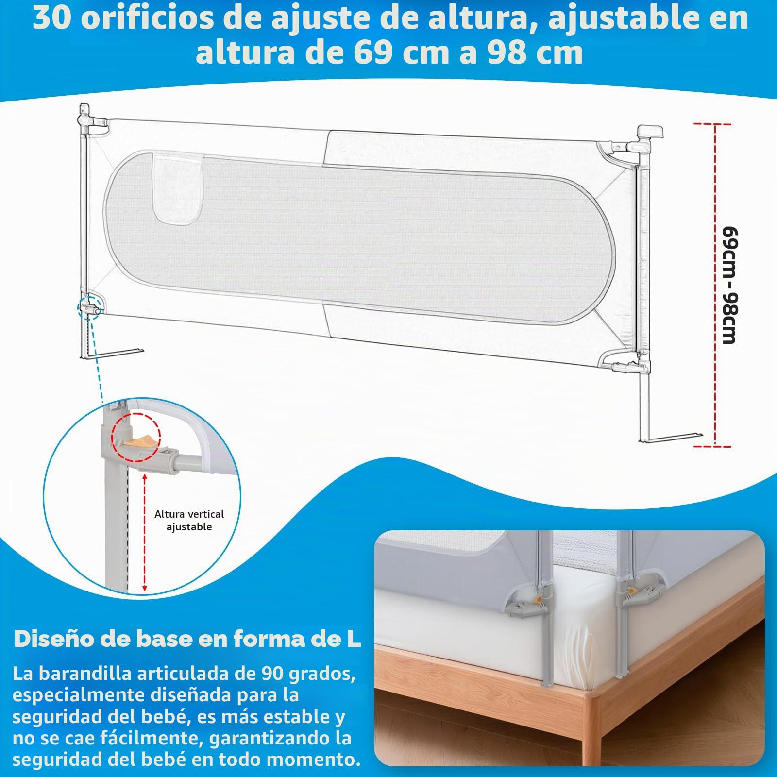 OUUTMEE Barrera de seguridad para cama de 200 cm, plegable, 30 alturas, altura regulable, diseño de bloques de color gris y blanco