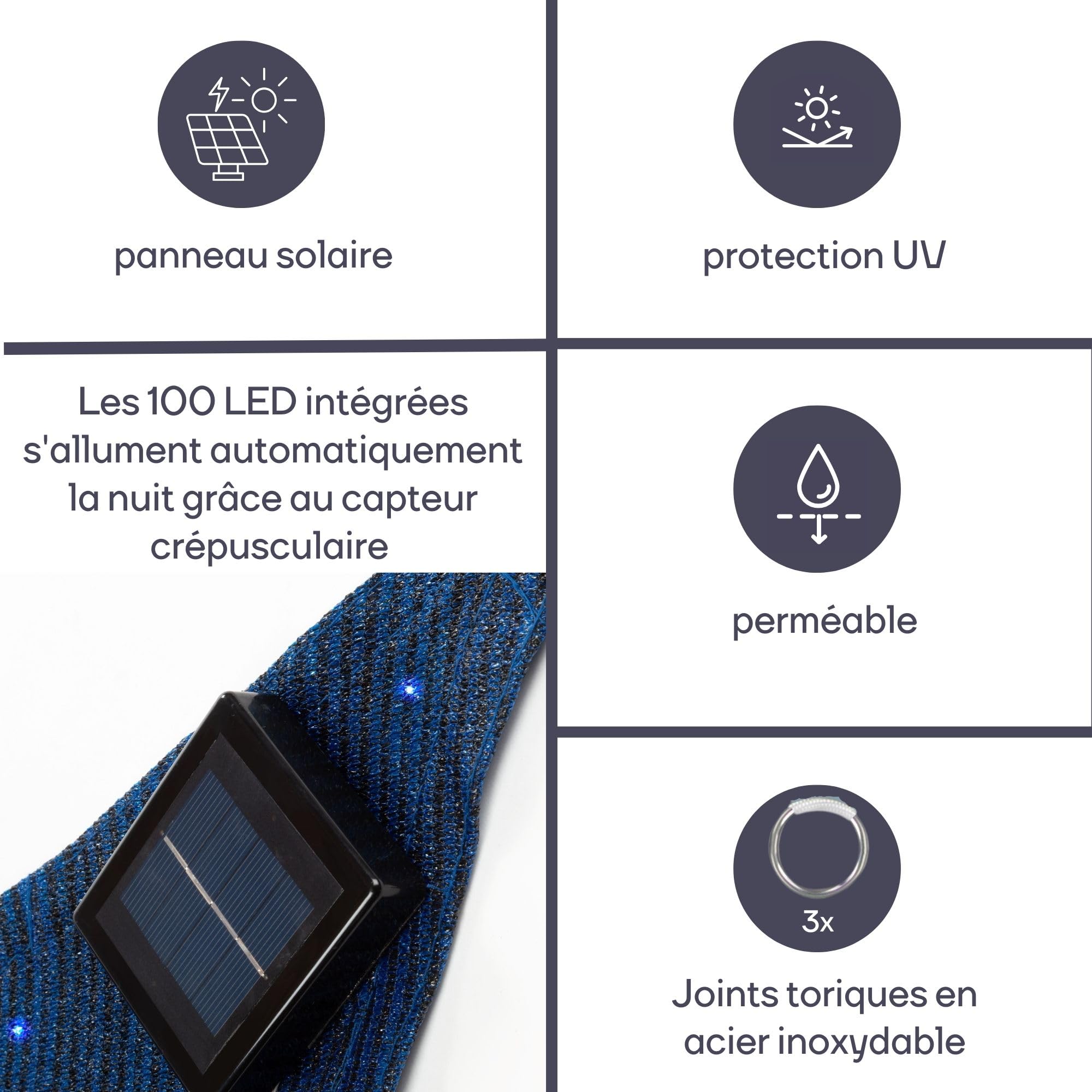 Perel Voile d ombrage Triangulaire avec 100 LEDs Ciel Etoile, HDPE Respirant et Permeable, Protection UV 90%, 3.6 x 3.6 x 3.6 m eclairage LED Solaire, Shade sail pour Jardin et terrasse