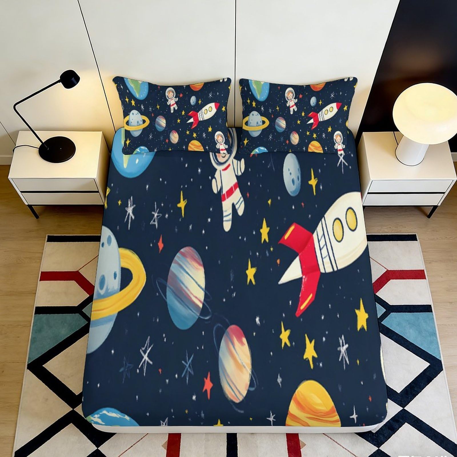 Jqzkxnhpbr Style-7 3D Printed Space Astronaut Fitted Sheet Microfiber Soft Blue Rocket Planet Mattress Cover For Bedroom Dorm Bed Decor 90X200x25cm