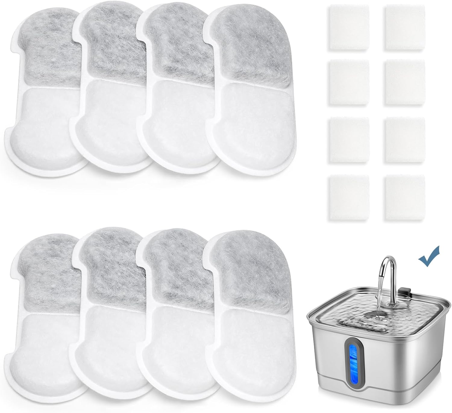 Official 8 Packs Cat Water Fountain Replacement Filters & Pre-Filter Sponges for 101oz/3L Stainless Steel Cat Water Fountain 8 Filters+8 Sponges (4 month supply)