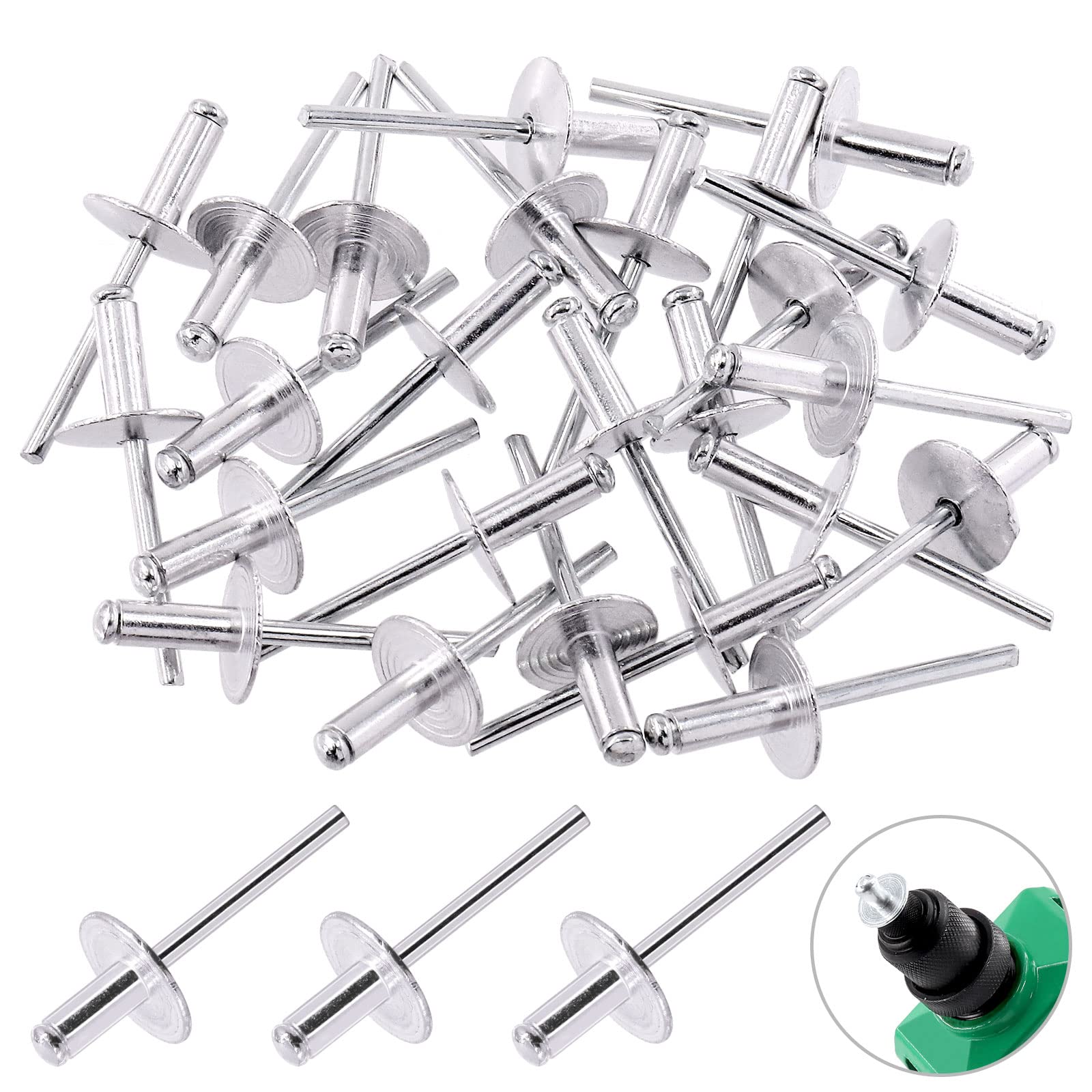 Glarks 60Pcs 3/16" x 1/2" Large Flange Aluminum Blind Rivets Pop Rivets Set for Joining Metal Plate Pipe Automotive