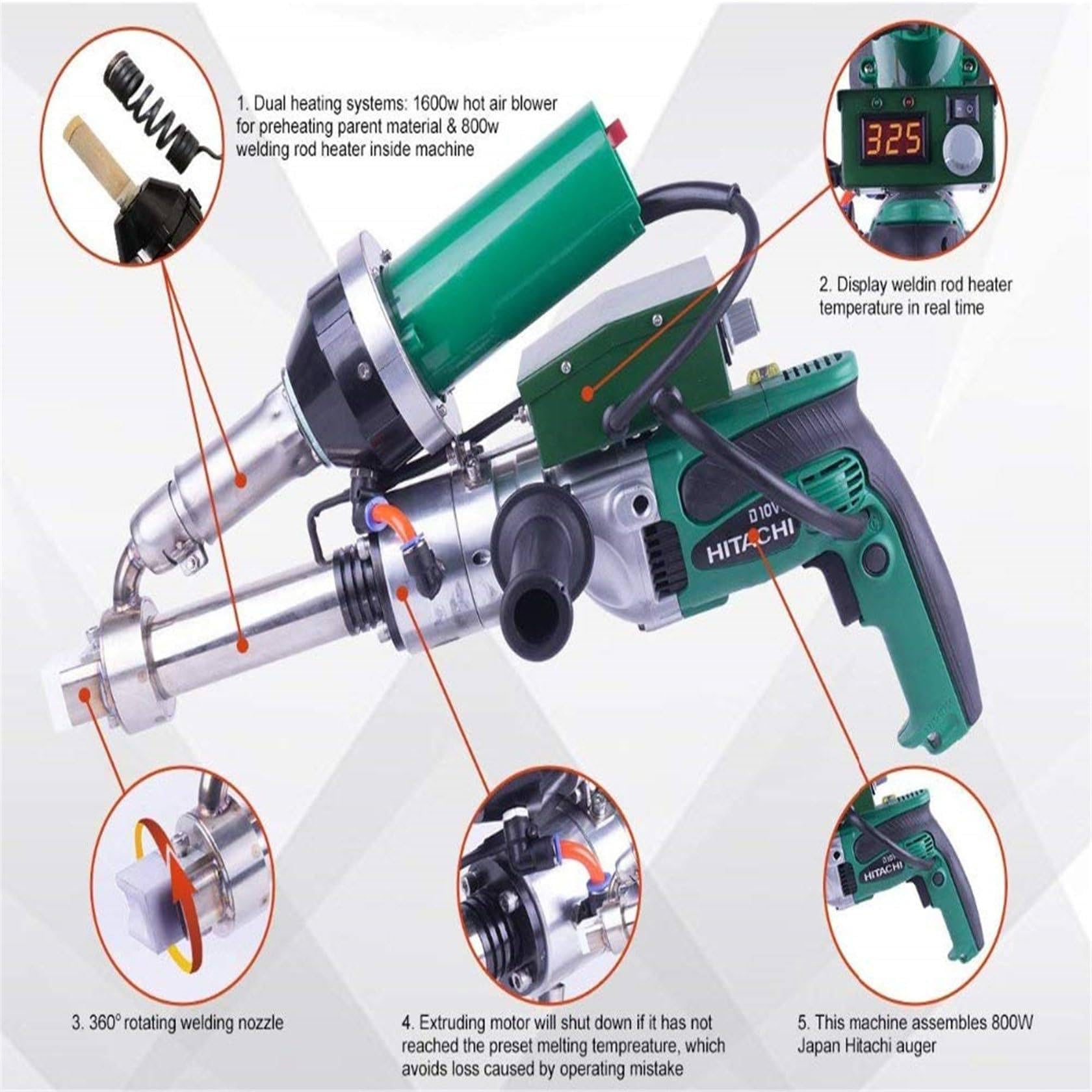 1600w Pistola per Saldatura per estrusione a Mano, saldatrice per plastica per Unghie Termiche, Pistola per Saldatura per estrusore Portatile in plastica, Doppio