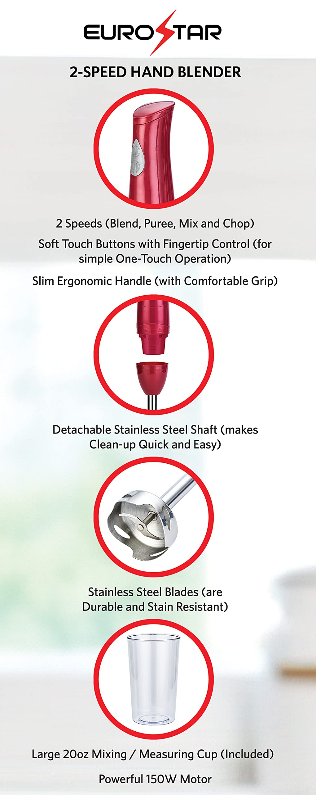 EUROSTAR EH441R 2-Speed Hand Blender with Stainless Steel Detachable Shaft, Red