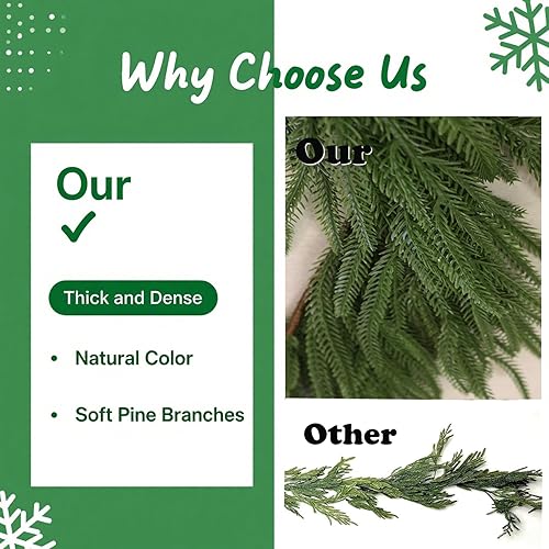 Miniatura 3 de 2 guirnaldas artificiales de pino Norfolk de 6 pies, guirnalda de invierno de tacto real, guirnalda verde artificial para mesa, manto, pared,
