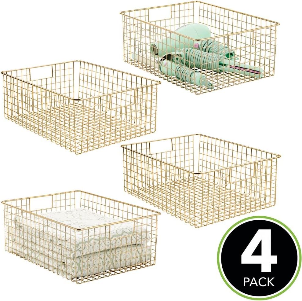 Onе-Dау Sаlе: Uр tо 50% оƒƒ mDesign Farmhouse Decorative Metal Bathroom Storage Organizer Bin Basket Holder Tray - for Cabinets, Shelves - Holds Loofahs, Lotions, Soaps, Hair Dyer, Curling Irons, Hand Towels, 4 Pack - Soft Brass