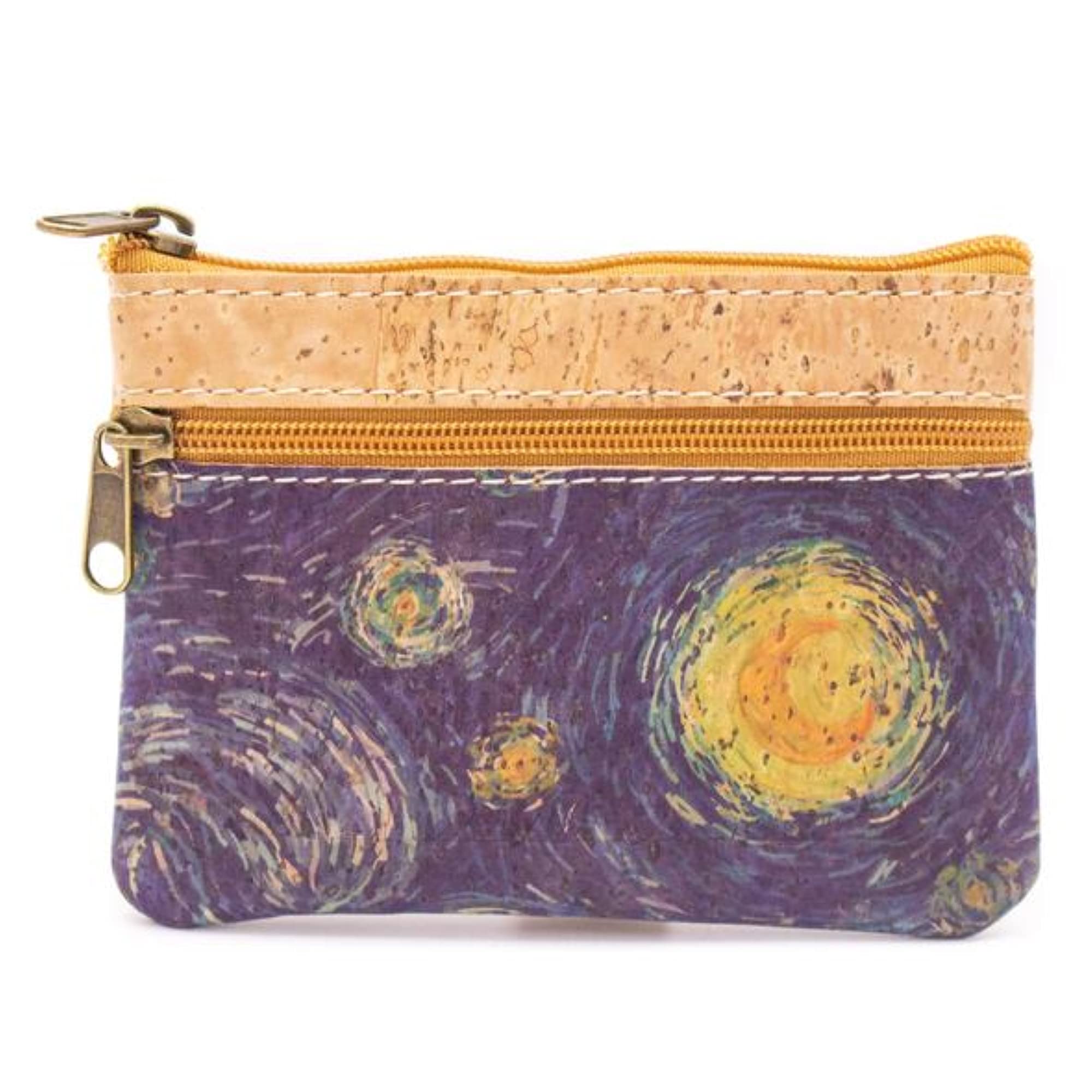 Cork mini wallet pouch handmade, coin purse vegan wallet Van Gogh Starry Night Eco Friendly Sustainable gift Lightweight Durable Waterproof