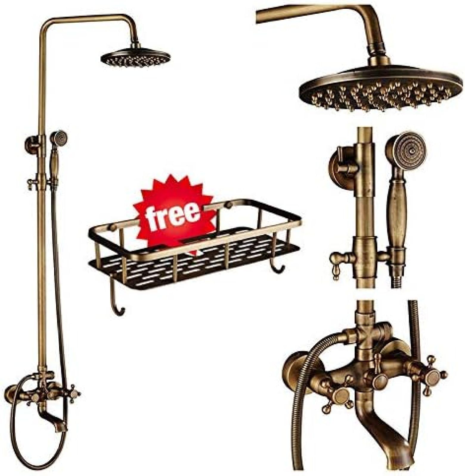 GLJTUO Antique Brass Shower Faucets Set 8 Inch Rainfall Shower Head Commodity Shelf Dual Handle Mixer Tap Bath Shower Wall Mounted-Shower Set - C,Shower Set - A,Shower Set - C