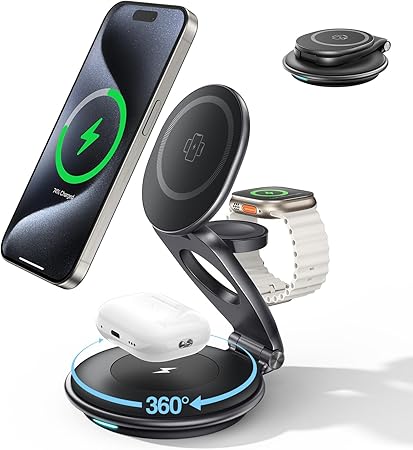 EXW Travel Charging Station for Magsafe Charger,Wireless Charging Station for Apple Multiple Devices,Magnetic Foldable Charger for iPhone 16-12 Series for Apple Watch & AirPods(30W Charger Include...