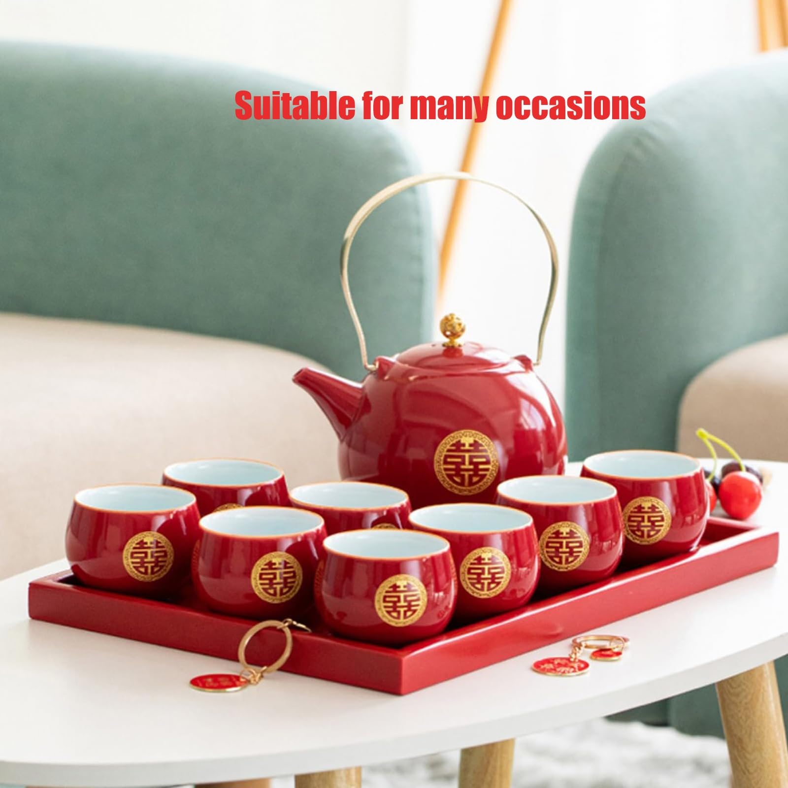 Chiński zestaw do herbaty ślubnej Double Happiness, porcelanowy dzbanek do herbaty z 8 filiżankami, tradycyjna czerwona dekoracja ślubna prezent dla przyjaciół i rodziny