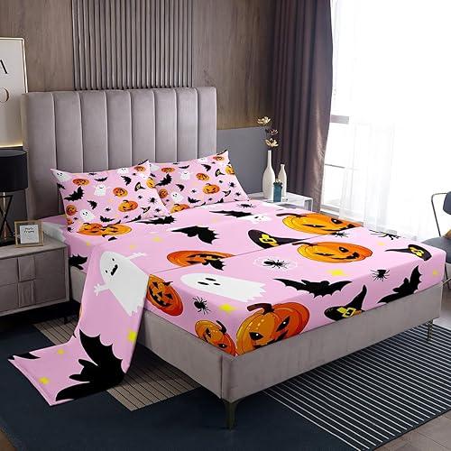 Miniatura 8 de Manfei Juego de sábanas de Halloween tamaño matrimonial, juego de sábanas de fantasmas de calabaza con temática de galaxia, 4 piezas con sábana