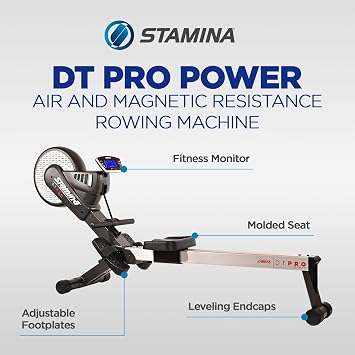 Stamina Pro Dual Air and Magnetic Resistance Rowing Machine Foldable w/Fitness Coaching App and Wireless Chest Strap Heart Monitor - Folding Rowing Machines for Home Use