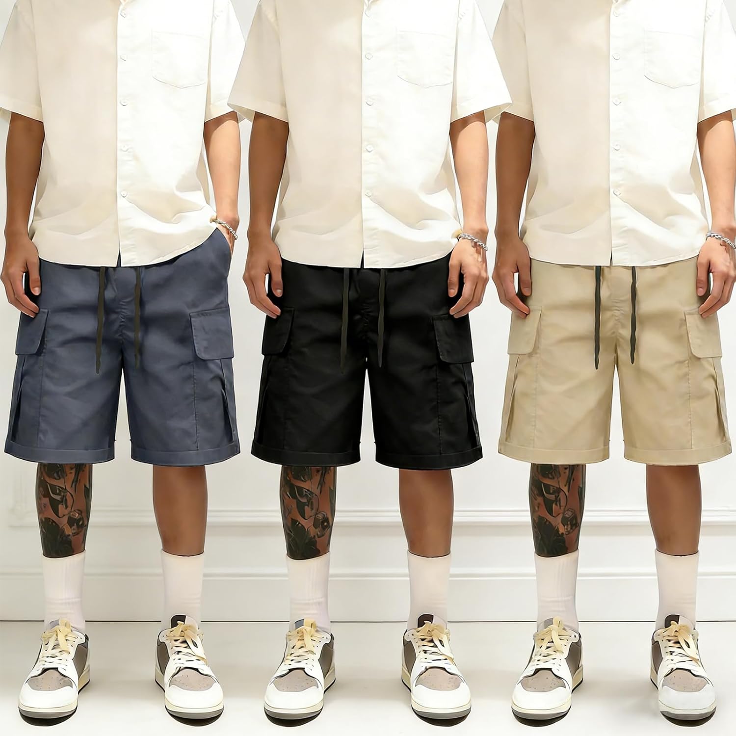 3 Pack Men's Cargo Shorts Stretch Waist Casual Work Tactical Shorts with Pockets for Hiking Camping Fishing