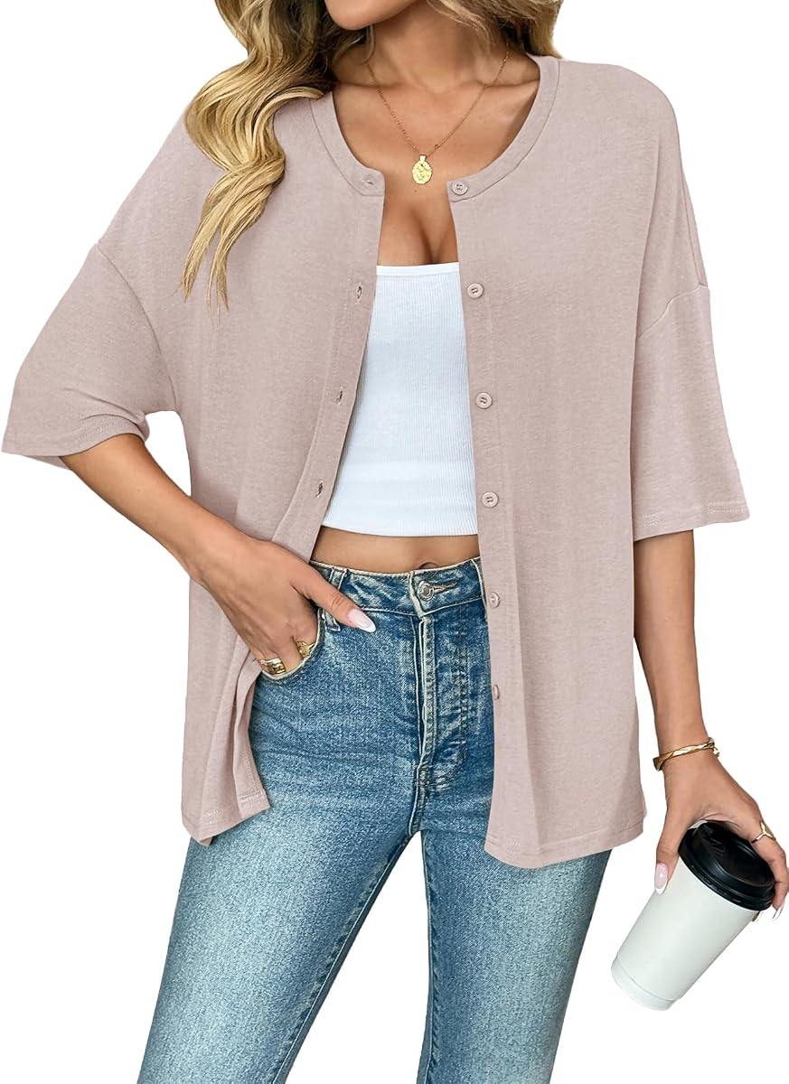 HIYIYEZI Women Oversized Cardigan Casual Short Sleeve Button Down Tops Lightweight Crew Neck Knit Summer Outfits