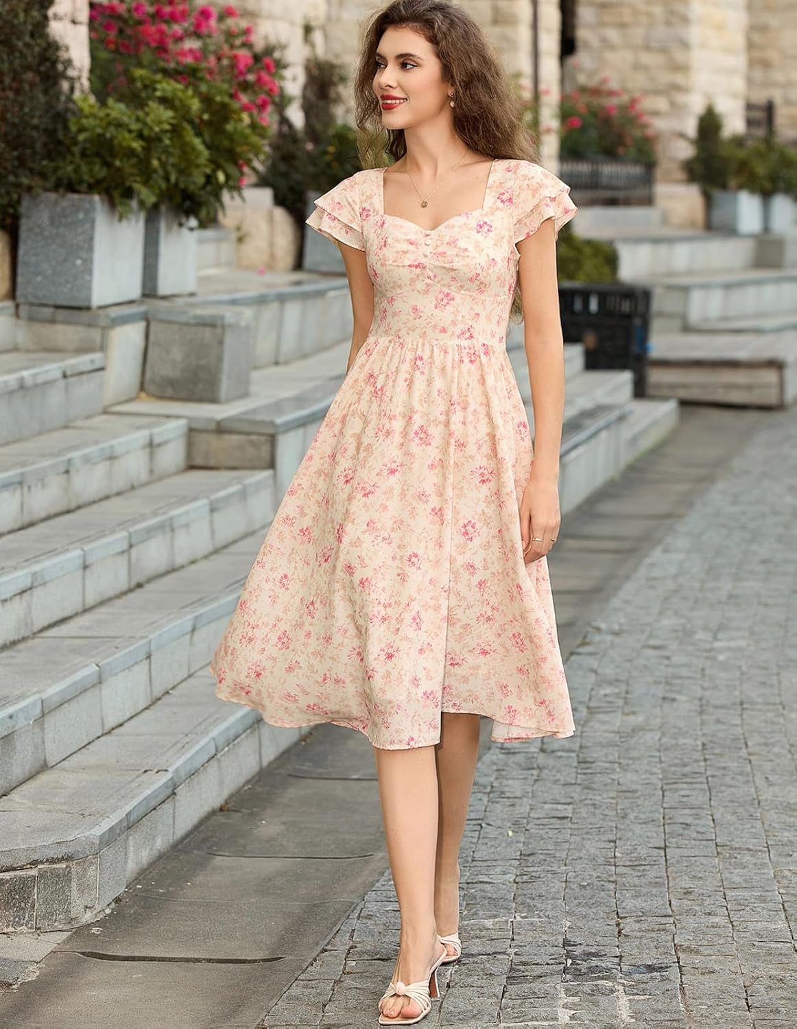 Belle Poque Women's Sweatheart Neck Ruffle Cap Sleeve Floral Dress 2026 Summer Ruched Midi Elegant Cocktail Party Dress - Image 6