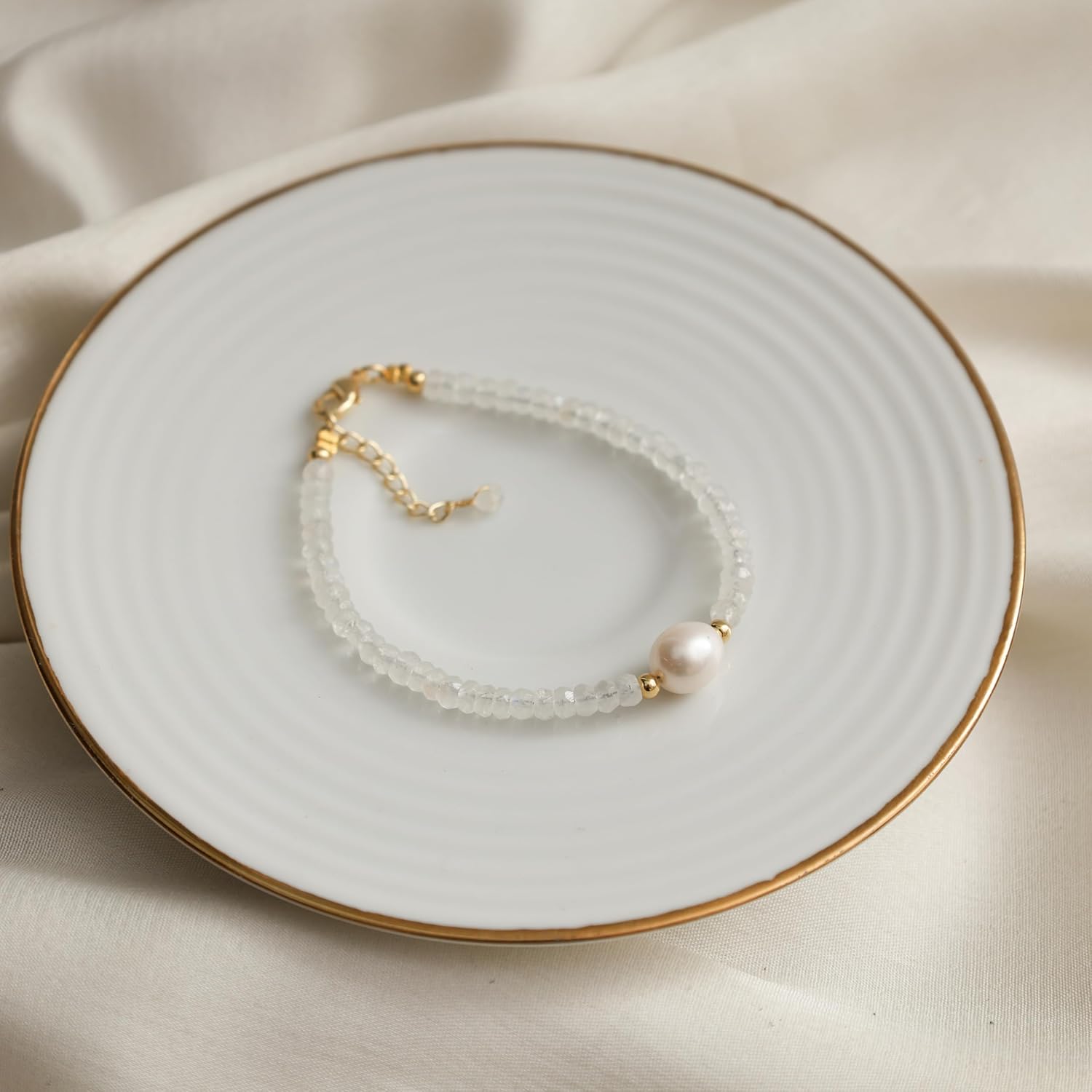 Gempires Handmade Beaded Crystal Bracelets with Freshwater Pearl Gemstone Jewelry Hypoallergenic 7.5 Inch Gold Plated Everyday Wear Bracelet Gifts