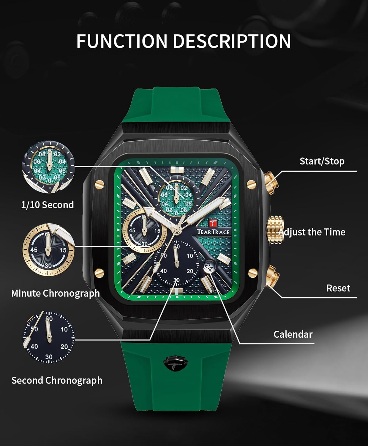 Rectangle Mens Watches Luminous Waterproof Luxury Dress Men's Wrist Watches Chronograph Analog Square Watch for Men with Silicon Strap - Image 7