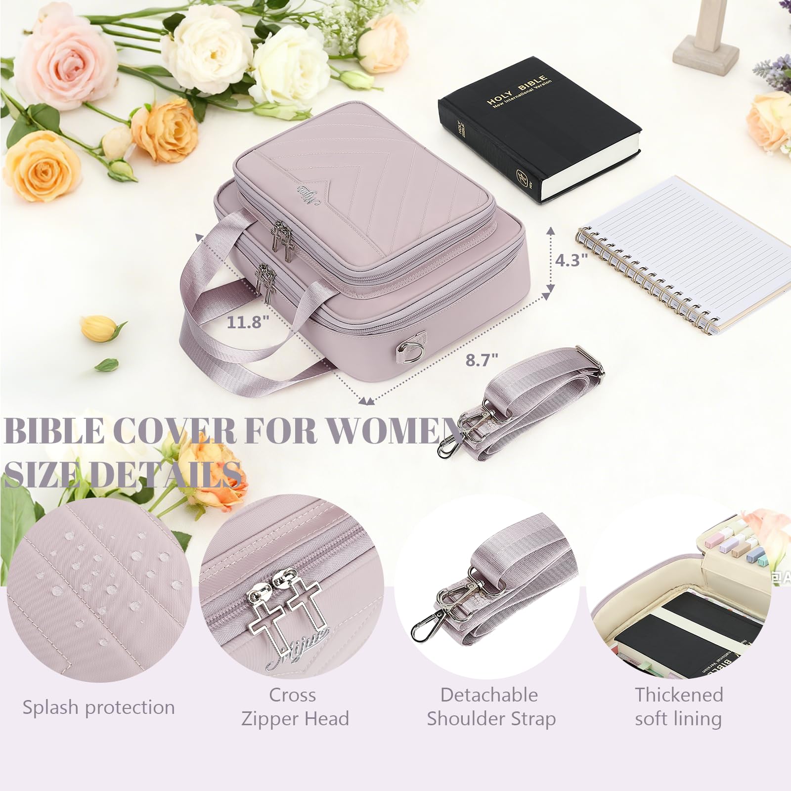 Custodia per bibbia da donna, borsa della Bibbia con tracolla, penna gel colorata, etichetta indice/evidenziatore, kit di diario biblico adesivo morbido a mano, design con cerniera incrociata