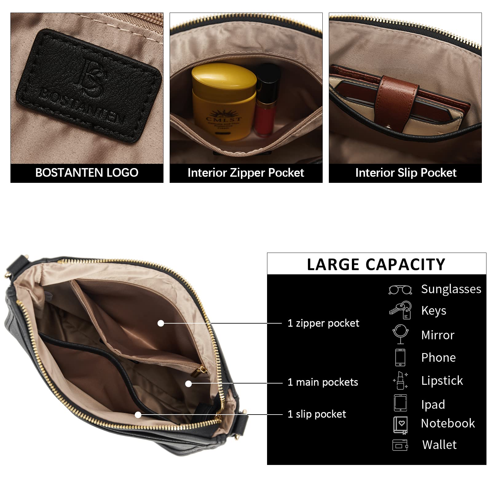 BOSTANTEN Handtasche Damen Mittelgroß Umhängetasche Leder für Frauen | Crossbody Bag mit Verstellbarem Breitem Farbigem Gurt, Tasche mit Vielen Fächern, Schultertasche für Alltag Unterwegs
