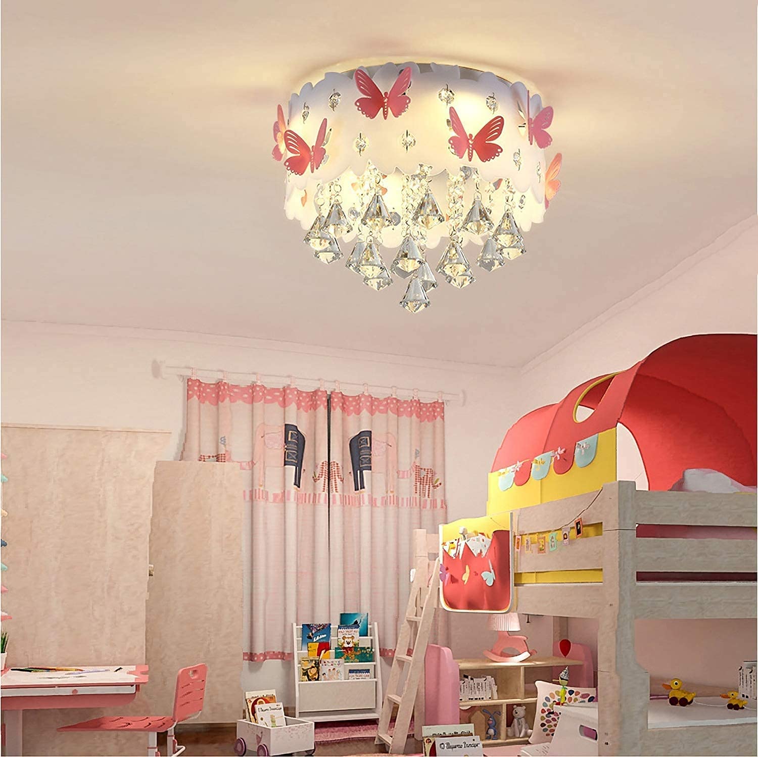 Plafoniera LED per cameretta per bambini, camera da letto, luce regolabile 3000 K - 6000 K con telecomando, bellissima lampada da soffitto con decorazione a farfalla rosa, lampadario in cristallo