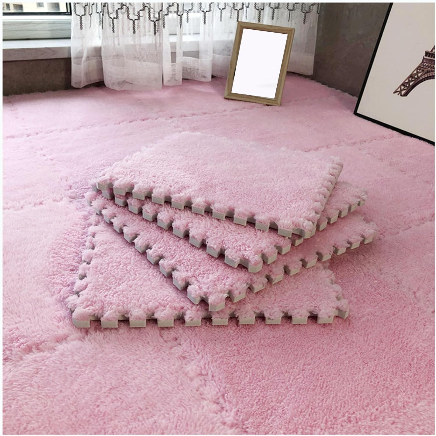 JvFbjLF Plush Foam Floor Mat 12x12inch Square Foam Playmat Fluffy Interlocking Foam Tiles(Pink,20pcs)