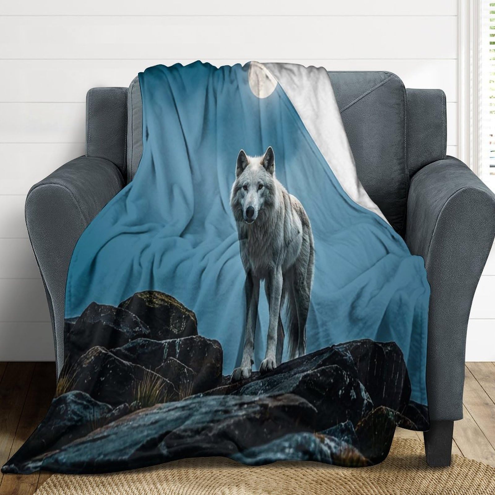Couverture en flanelle légère et chaude plaid loup blanc grand format