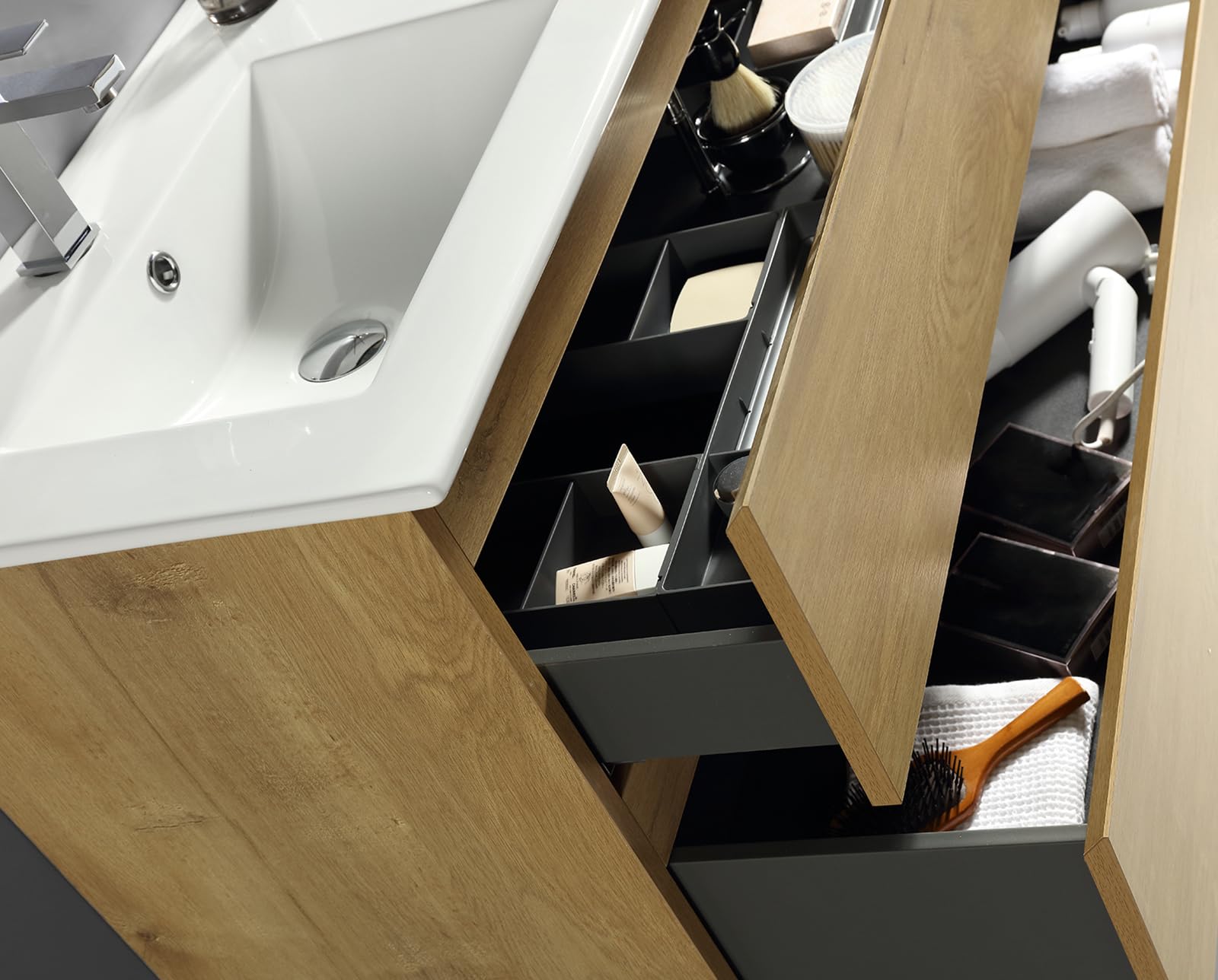 Alpenberger Waschtisch mit Unterschrank 120 cm Breit | Badezimmerschrank Badezimmermöbel Doppelwaschbecken | Waschbeckenunterschrank mit Waschbecken | Doppelwaschtisch (Vivento 120 Eiche Natur)