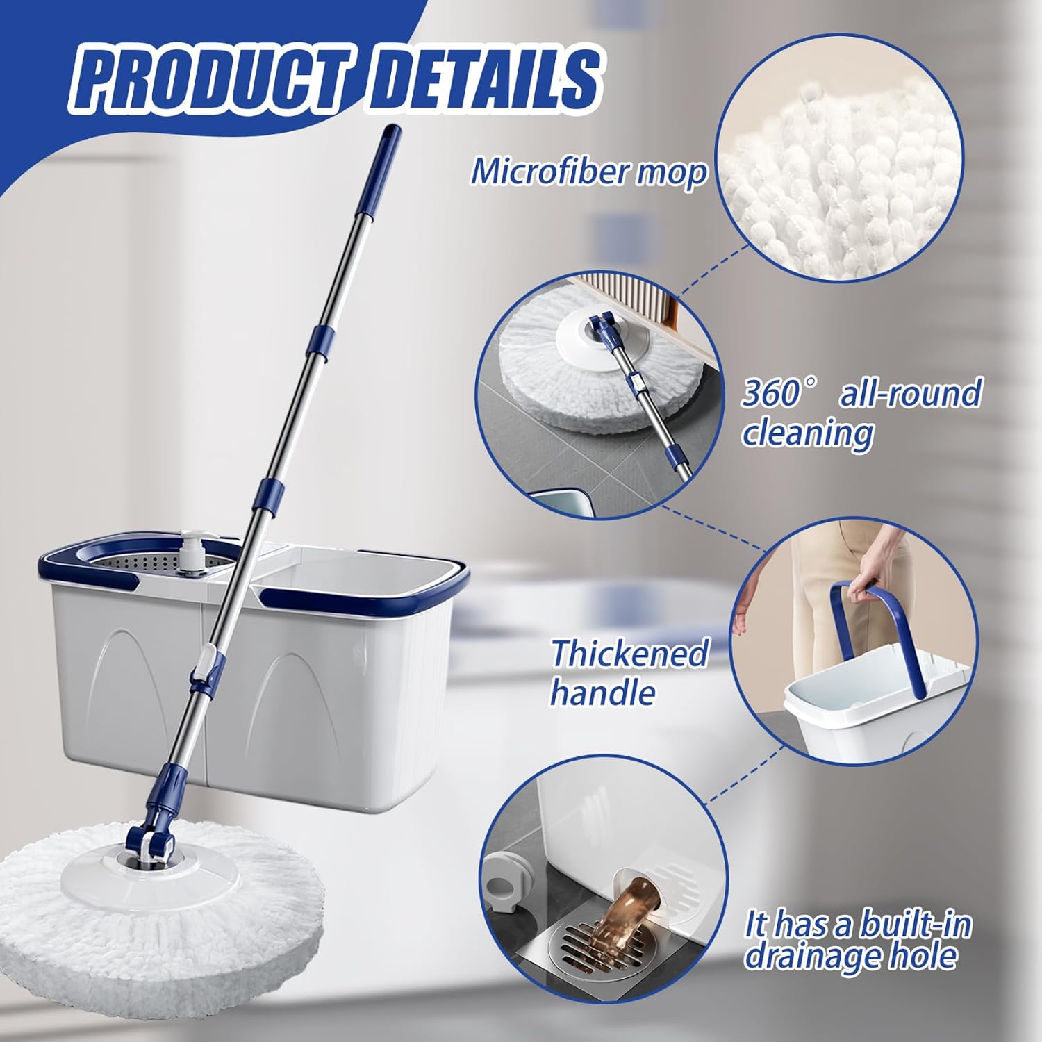 Spin Mop and Bucket Set 43-51" Telescopic Microfiber 15" Round Mop with Wringer, 2 Pads & Detachable 2 Compartment Bucket with Draining Hole for Home ...