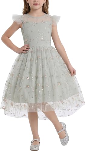 Flower Girl Formal Wedding High-Low Tulle Dress Sage Gray 12-13 Years