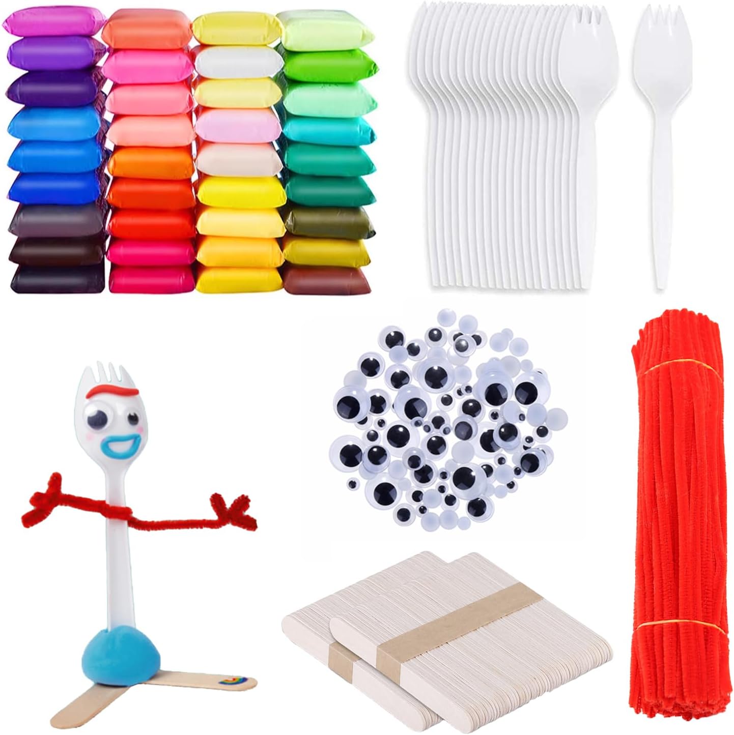 100 Set Fork Creativity Set, Air Dry Clay Plastic Sporks Red Pipe Cleaners Clever Eyes Popsicle Stick,Make Your own Forky