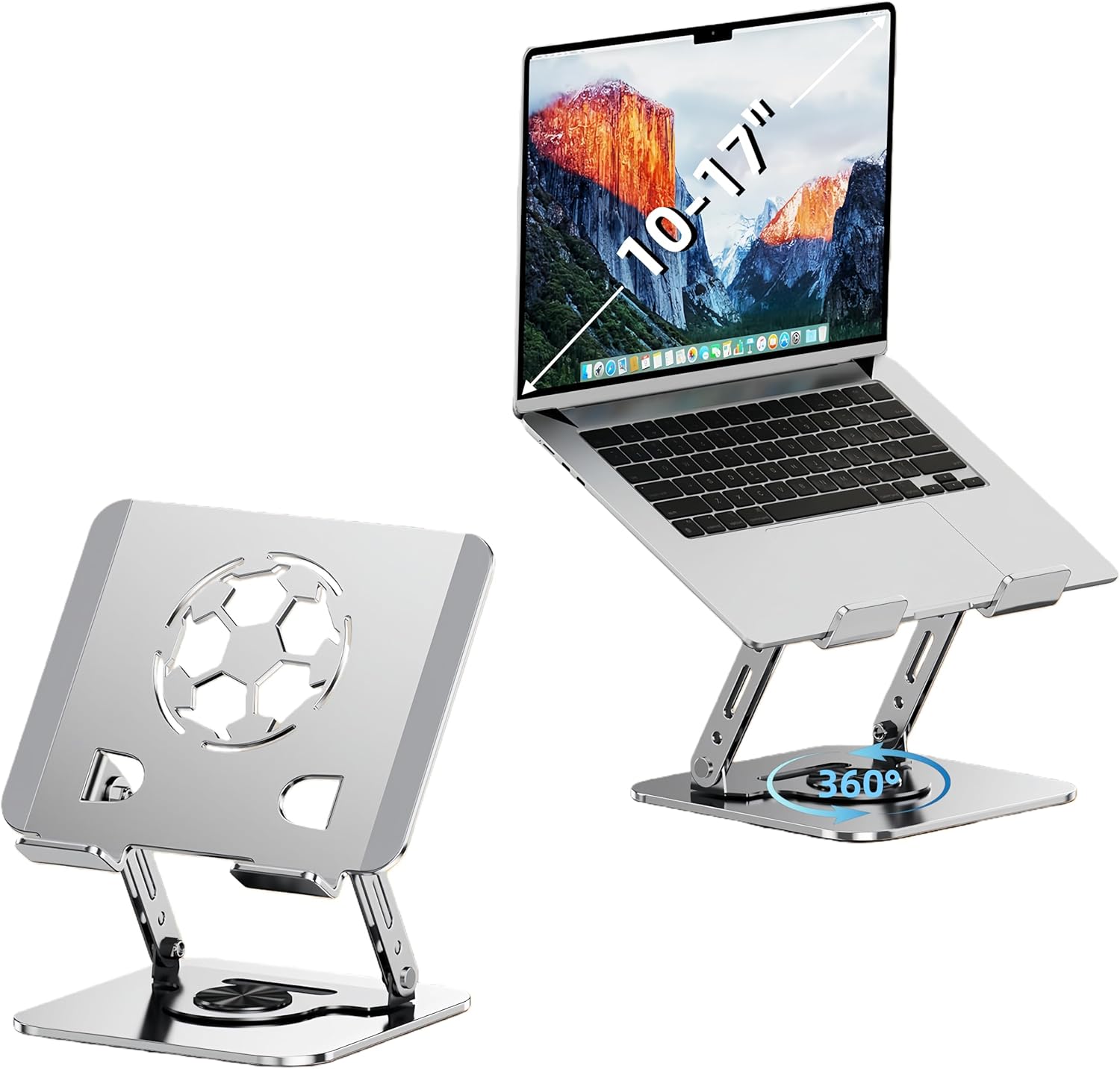 Laptop Stand for Desk, Adjustable Metal Foldable Laptop Riser with 360° Rotation & Football Vent Pattern, Ergonomic Computer Notebook Holder for MacBook Air Pro, Dell XPS, HP 10-17.3", Silver