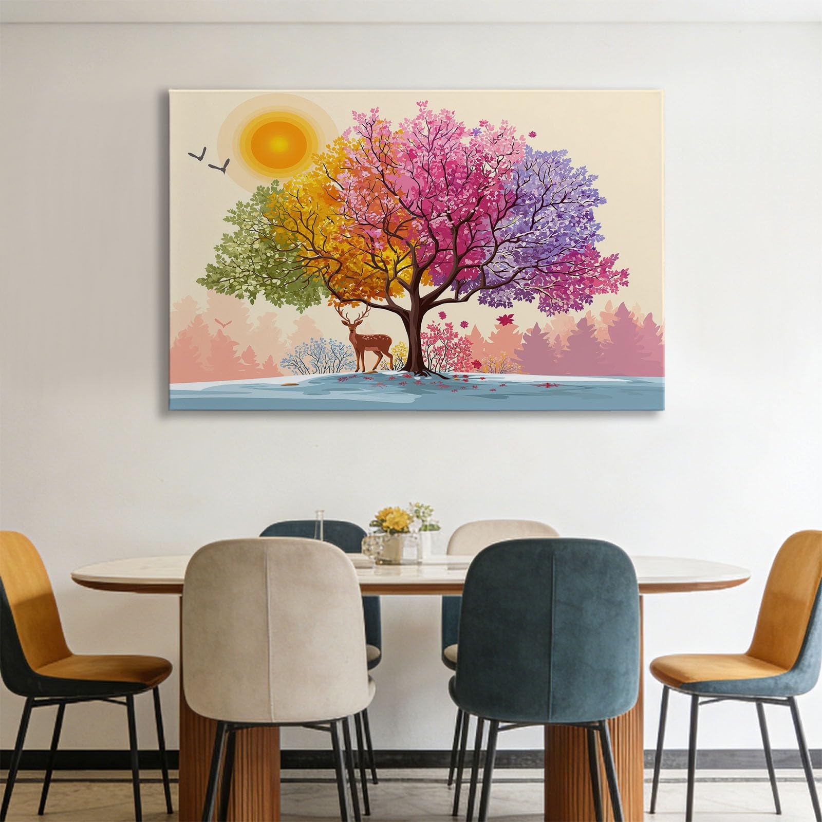 Wandbilder Wohnzimmer, 120 x 80 cm Vier Jahreszeiten Baum Hirsch Leinwand Bilder, Natur Schlafzimmer Aesthetic Büro Flur Esszimmer Treppe Arbeitszimmer, Bunt 1 Teilig Leinwandbilder