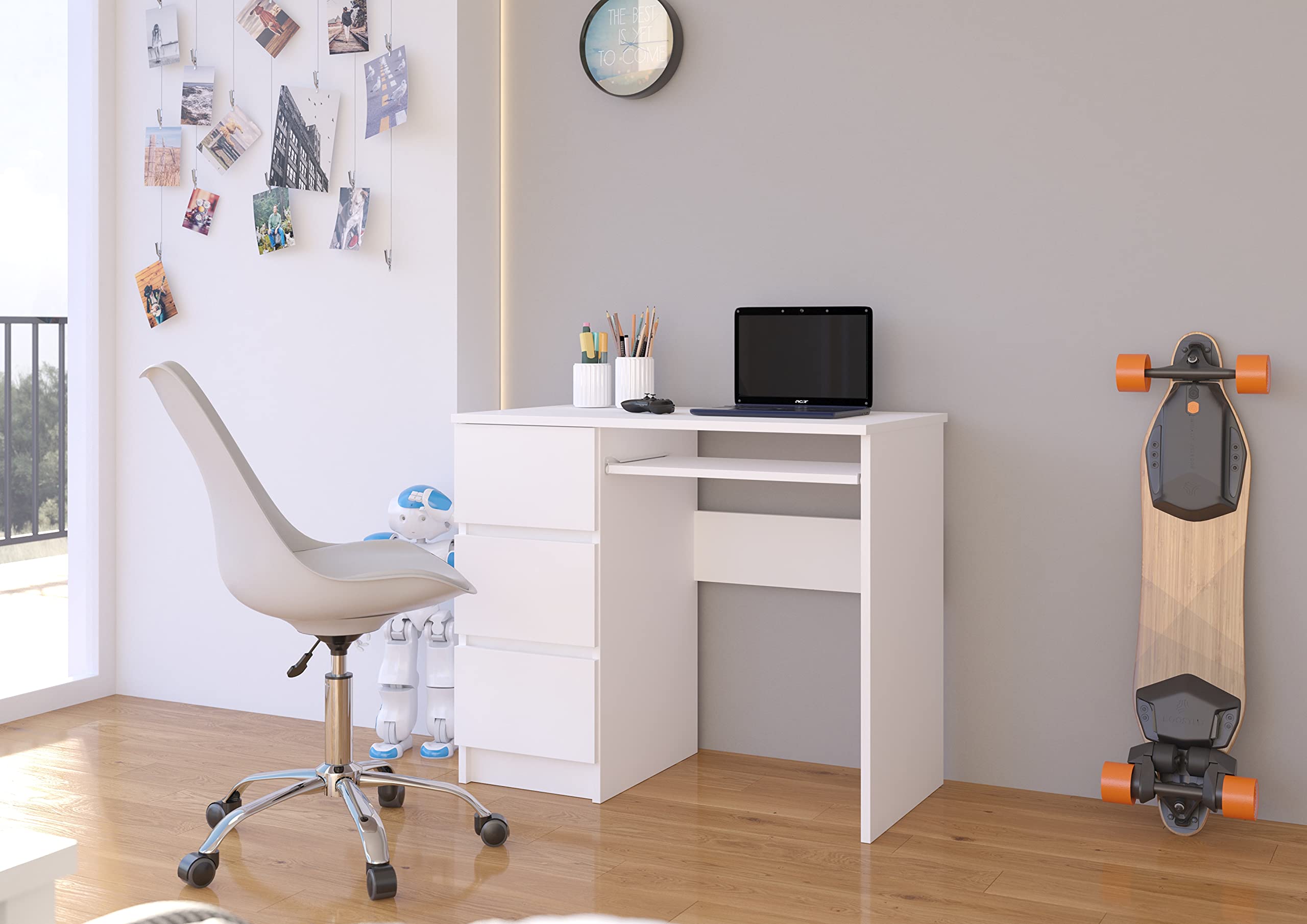 AKORD Escritorio A-6 con Estante para Teclado y 3 cajones a la Izquierda o a la Derecha | Escritorio de Oficina | Escritorio para Ahorrar Espacio | 90x77x50cm 30 kg (Blanco)