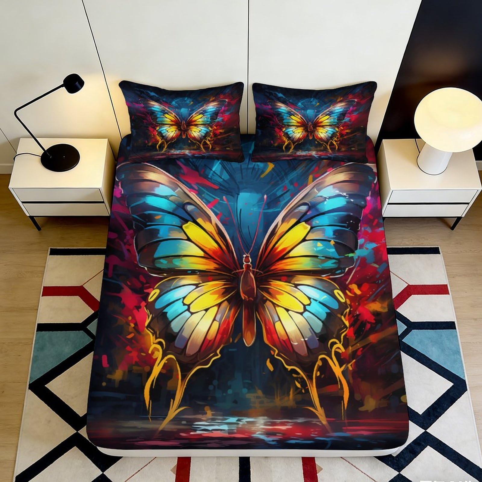 3D Printed Vibrant Butterfly Fitted Sheet Microfiber Soft Artistic Bed Cover for Bedroom Guest Room Mattress Protection 90x200x25cm