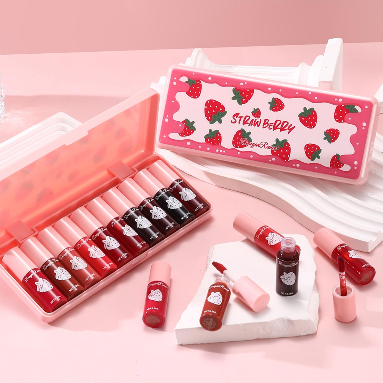 Set mit 10 Lippenstiften mit glänzenden und matten Lippenstiften, mit Mini-Glanz, lang anhaltend und schnell trocknend, ideal als Geschenk für Make-up (Erdbeere, Lipgloss).