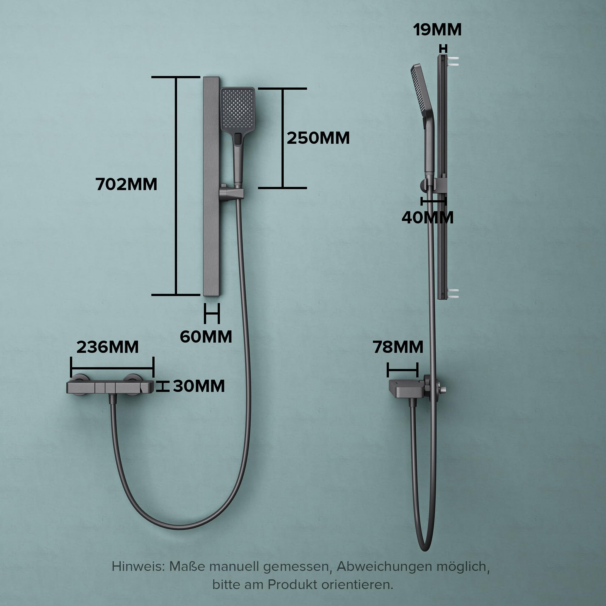 doporro Duschsystem mit Regendusche, Duscharmatur Komplettset Grau | Duschgarnitur mit Regendusche aus Aluminium, Dusche komplett 3 Strahlarten, höhenverstellbar Duschbrause Thermostat Arvexa-02